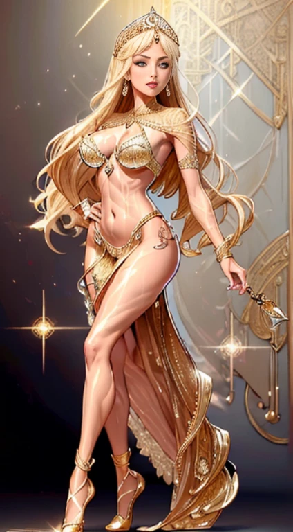 ((full body)), (((head to toe))),  beautiful blushing slender Bride of gold with chignon blonde, against golden lief background, gold lace brassiere, loincloth, diamond necklace, diamond tiara, gold veil, (((American comic style with dark contours))), (((art by J. Scott Campbell)))