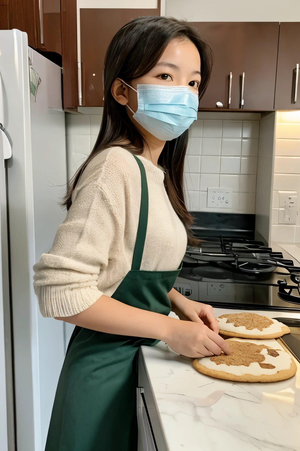 A girl wearing a mask is sitting and making cookies.
