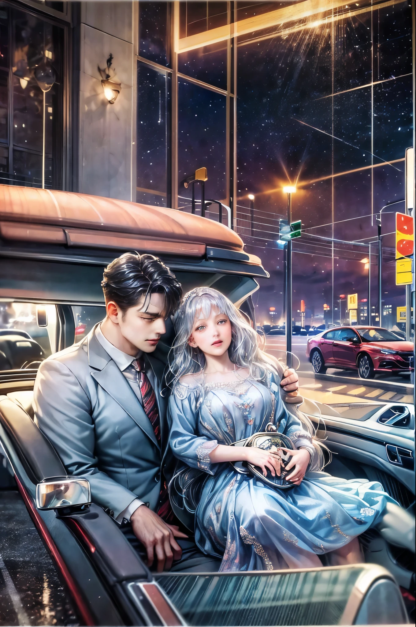 (Anime illustration style: 2), (A silver sedan speeding on the road with high beams: 1.5): (Two people sitting in the carriage: 2), (A man in a suit sitting in the driver's seat: 1.5), (A woman in a dress sitting in the passenger seat: 1.5): (Wide road: 2): A rainy night in a modern city, sparse vehicles and pedestrians, bright colors, movie shots  --auto --s2