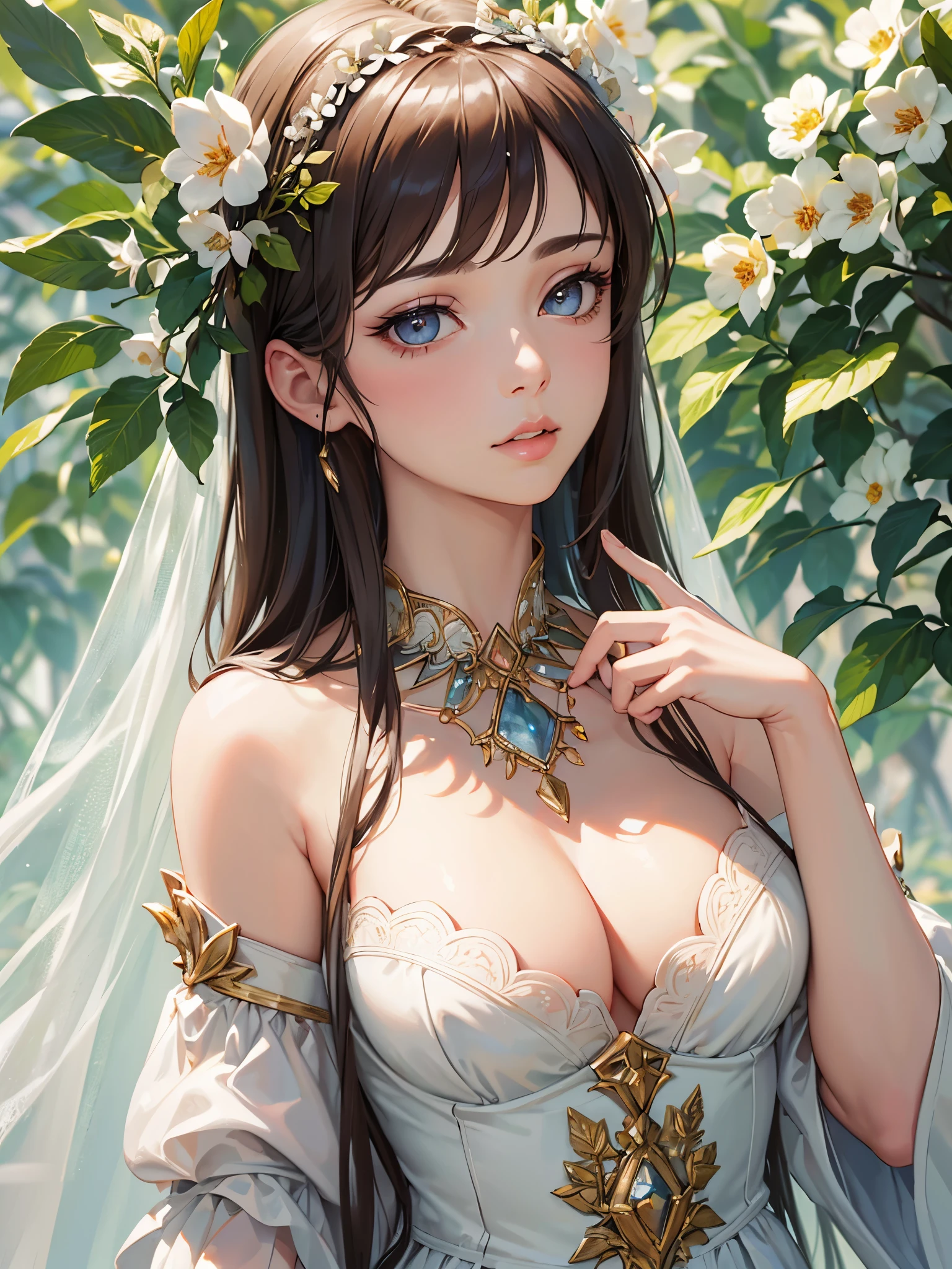 (best quality,4k,8k,highres,masterpiece:1.2), ultra-detailed, (realistic,photorealistic,photo-realistic:1.37),beautiful detailed eyes, beautiful detailed lips, extremely detailed eyes and face, long eyelashes, 1girl, , natural light, shiny hair, shoulder-length hair, perfect complexion, sweet and innocent expression, pouting lips, dynamic angle, exquisite portrait, delicate necklaces, shattered pieces, close-up shot, outdoor setting, floral and botanical background, long shot, full body