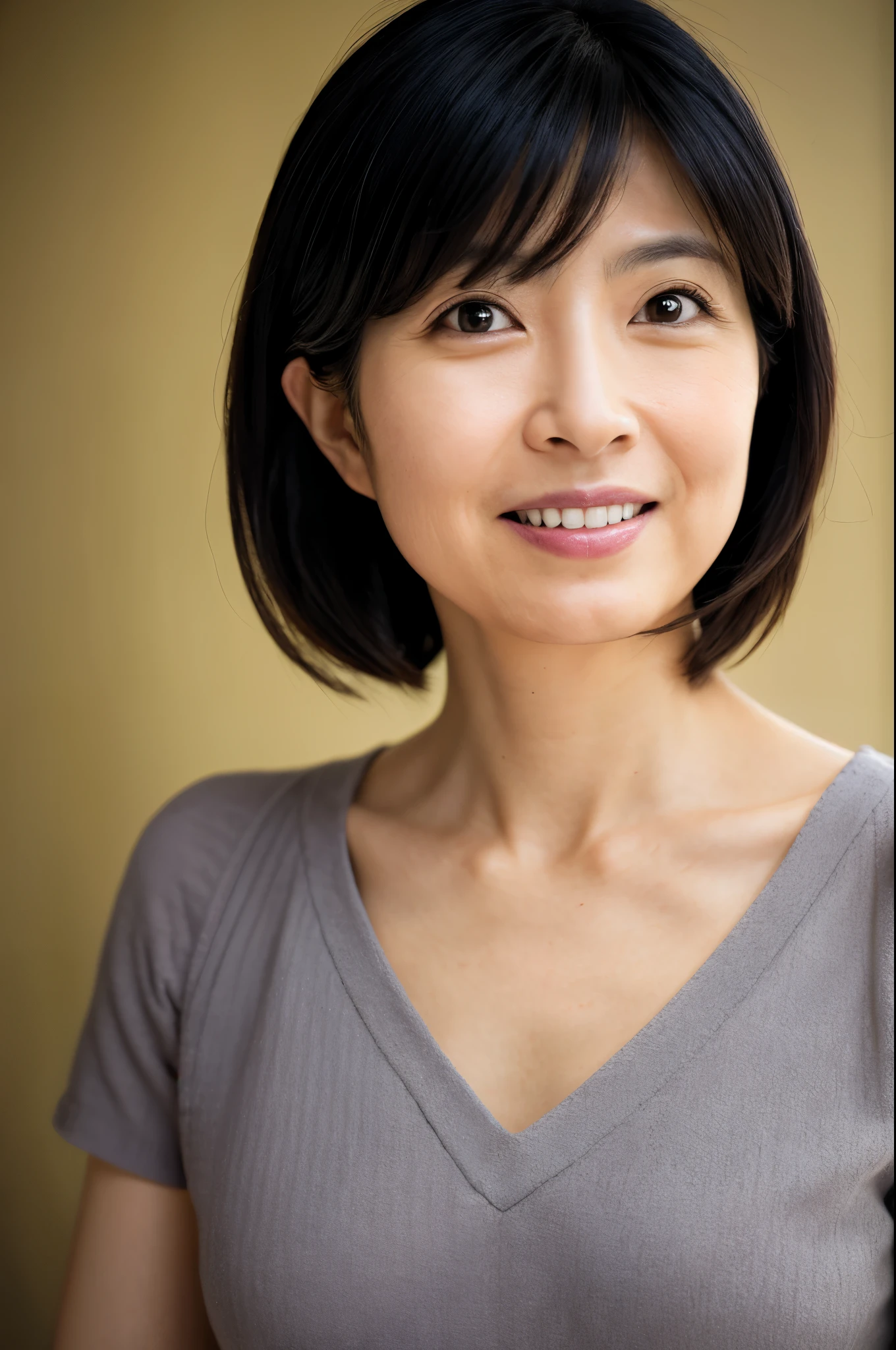 portrait, 8K, high quality, realistic photo image, 39 years old, Japan woman, neat and clean wife, small, housewife, reproduce natural and realistic eyes, Japan person stand, small, beautiful black hair, short hair, light makeup, octane rendering, beautiful lighting, golden ratio composition, smile, everyday wear, casual clothes, natural background, blurred background, 4k, high quality, realistic photo image, Japan woman, 37 years old, pure Japan face, lovely wife, upper body, small breasts, light makeup, suppin, neat beauty, mature woman, sober clothes, gray, beige, blue, sober, casual attire, smile, black hair, small black eyes, background blur