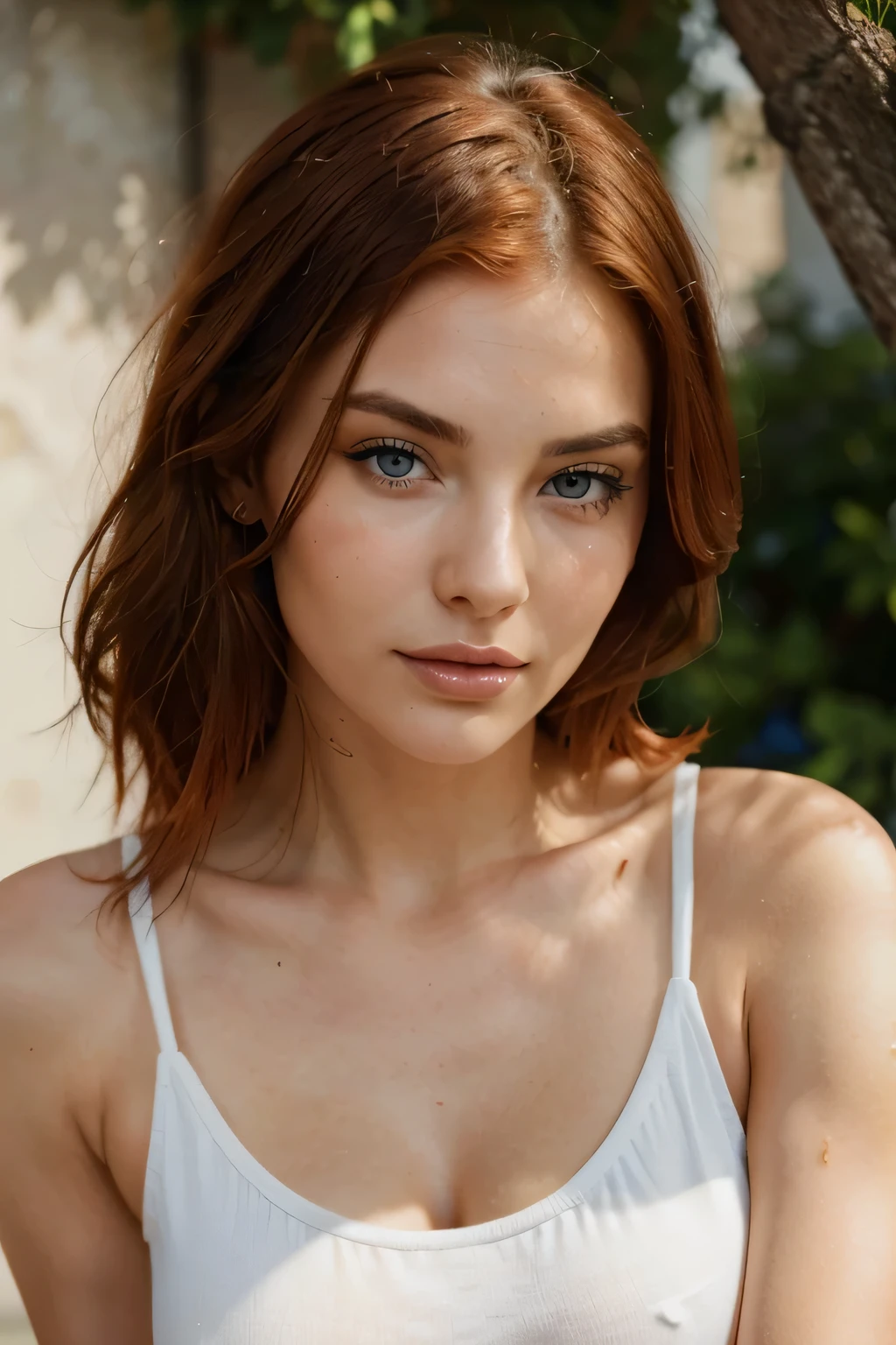 An exquisite Italian girl with fiery red hair, piercing blue eyes, and delicate Mediterranean features. Her face is a portrait of beauty, with high cheekbones, a soft, sculpted jawline, and full lips. She exudes a passion for fitness and healthy living, her allure enhanced by her radiant, healthful glow.Photorealistic and detailed, she is wearing a coat on the snow