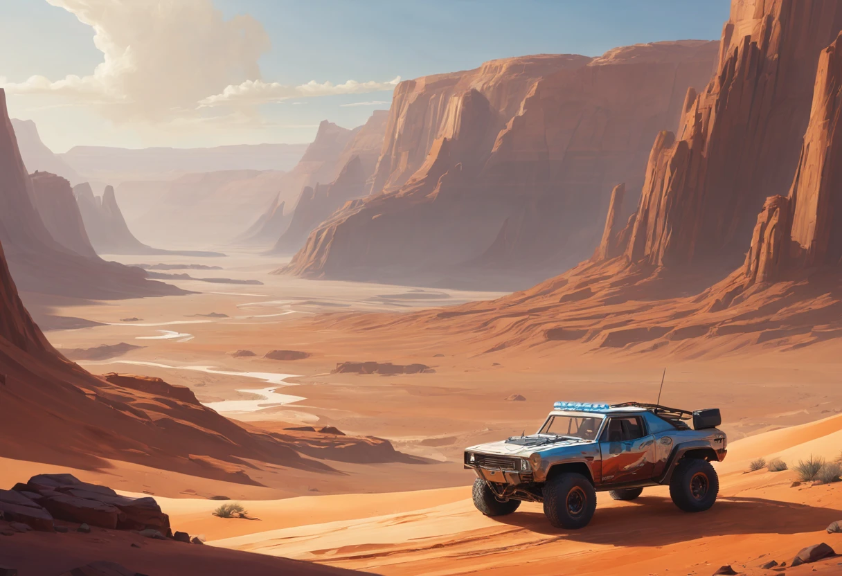 Craft a captivating painting of a Desert Canyon or valley, emphasizing the rugged terrain and the play of light, Cars racing, and shadow on the Martian surface. Convey the sense of exploration in this otherworldly environment