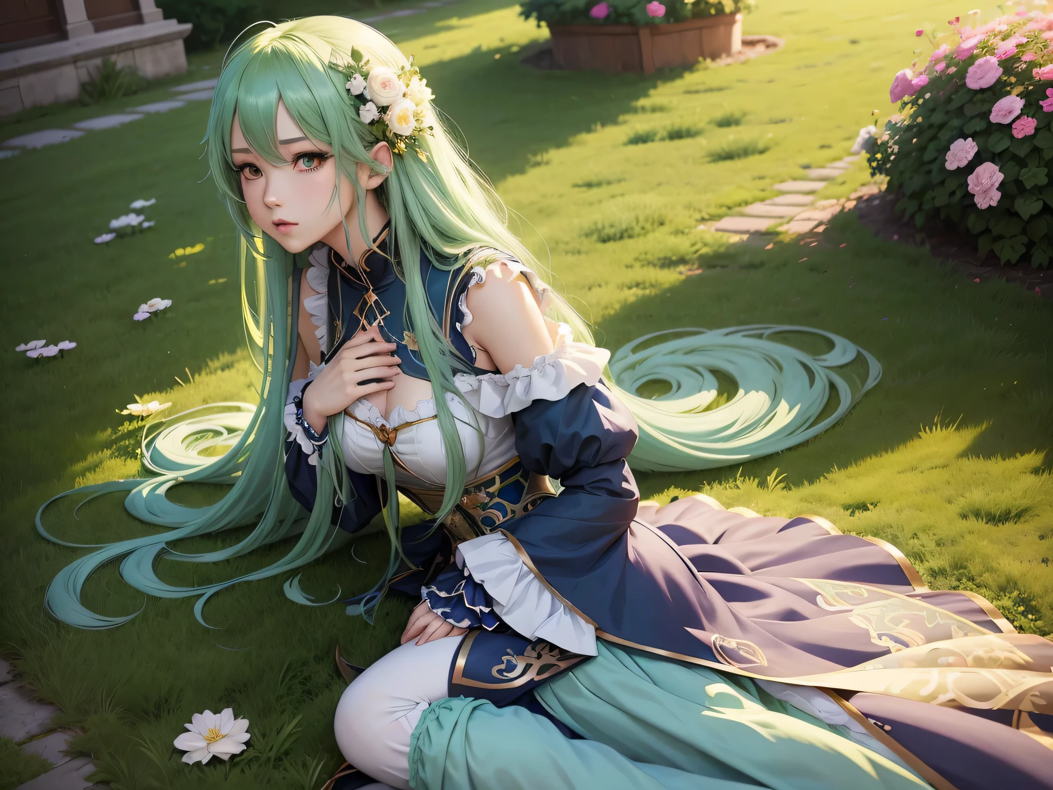 Anime girl with long green hair and blue dress sitting on the flower bed，anime art wallpaper 8k，anime art wallpaper 4k，anime art wallpaper 4k，anime goddeseautiful fantasy anime，anime fantasy artwork，8k high quality detailed art，Popular on artstation pixiv，Cute anime waifu wearing beautiful dress，Anime fantasy illustration