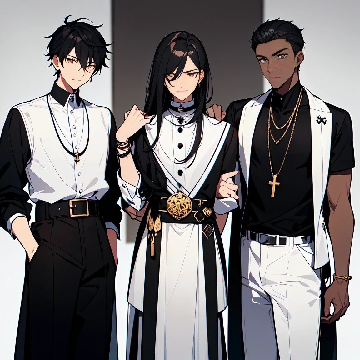 black and white colors predominant in his attire, he wears a white belt around his waist, he wears three necklaces, a cross, a gold necklace that has a family symbol, and another brata with the symbol of friendship, which are an elegant and eye-catching detail,(a teenage boy),(with dark skin color),(and brown eyes)