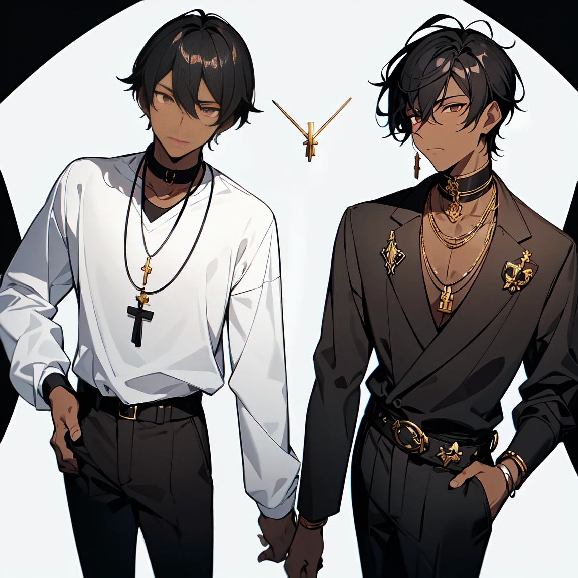 black and white colors predominant in his attire, he wears a white belt around his waist, he wears three necklaces, a cross, a gold necklace that has a family symbol, and another brata with the symbol of friendship, which are an elegant and eye-catching detail,(a age boy),(with dark skin color),(and brown eyes)