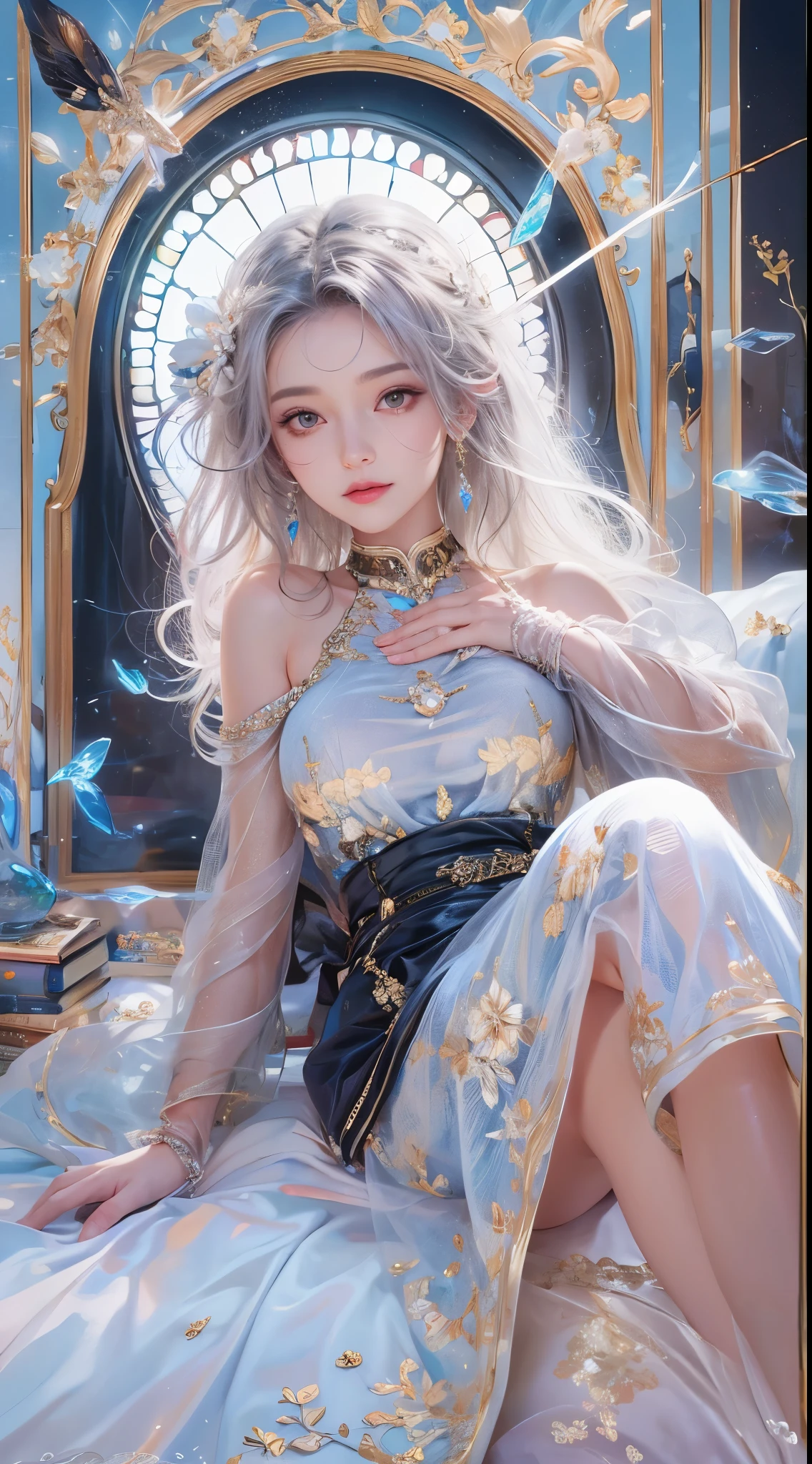 Transparent hair、hime-cut、Golden Eyes、eye glasses、ssmile、early teenage girls、Hands-up、flat chest、Thin pubic hair、Beautiful open legs、bath robe、flower  field