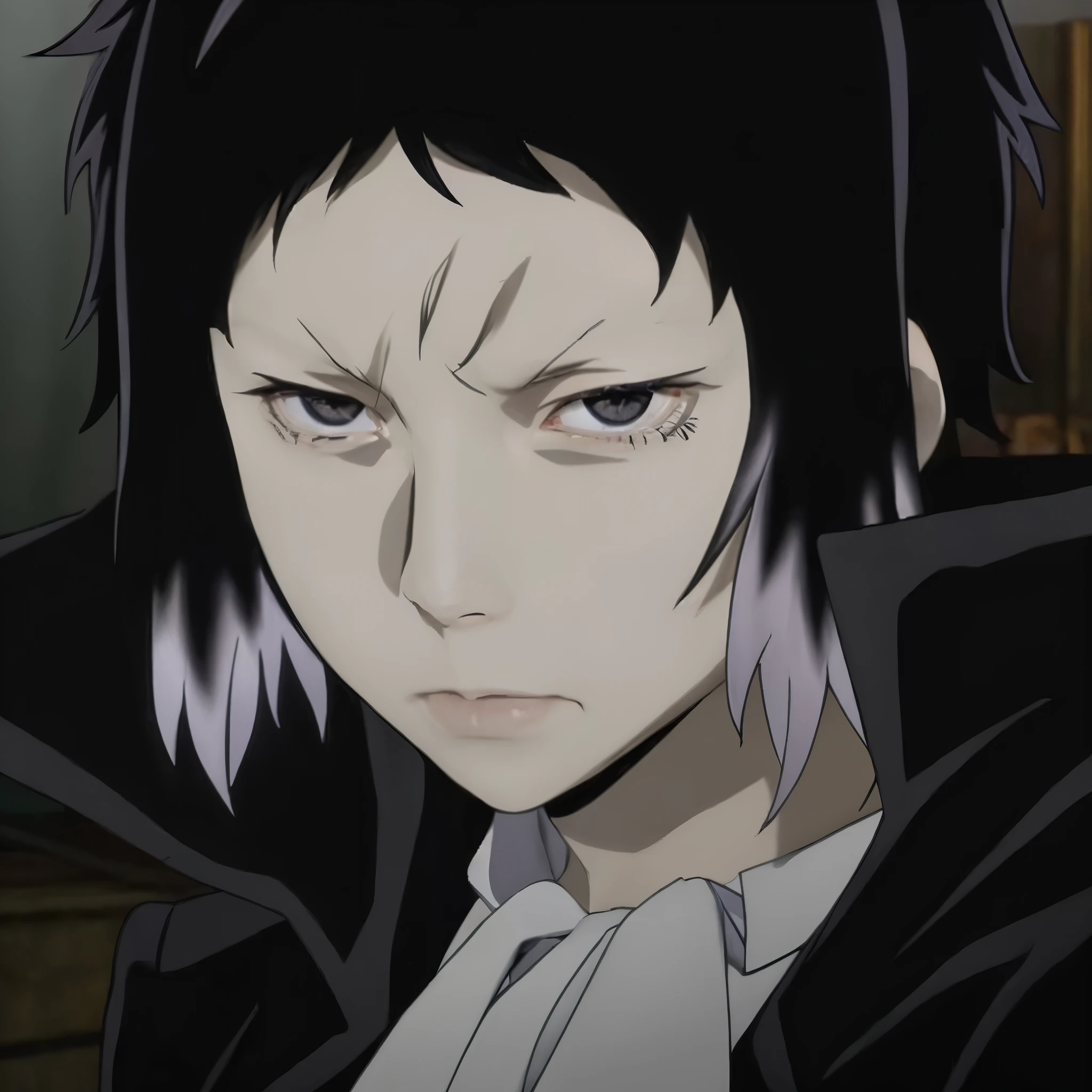 a boy, Ryuunosuke Akutagawa((Bungo Stray Dogs)), photorealistic photo, ultra high res, UHD, real texture, cowboy shot, light passing through hair, short, choppy black hair with side bangs that reach his chin and turn white at the tips, eyes are sharp, somewhat baggy, and a dark empty grey, wears a long, black coat reaching past his knees over black-fitting pants and black dress shoes, UHD, retina, masterpiece, ccurate, anatomically correct, textured skin, super detail, high details, high quality, award winning, best quality, highres, 1080P, HD.
