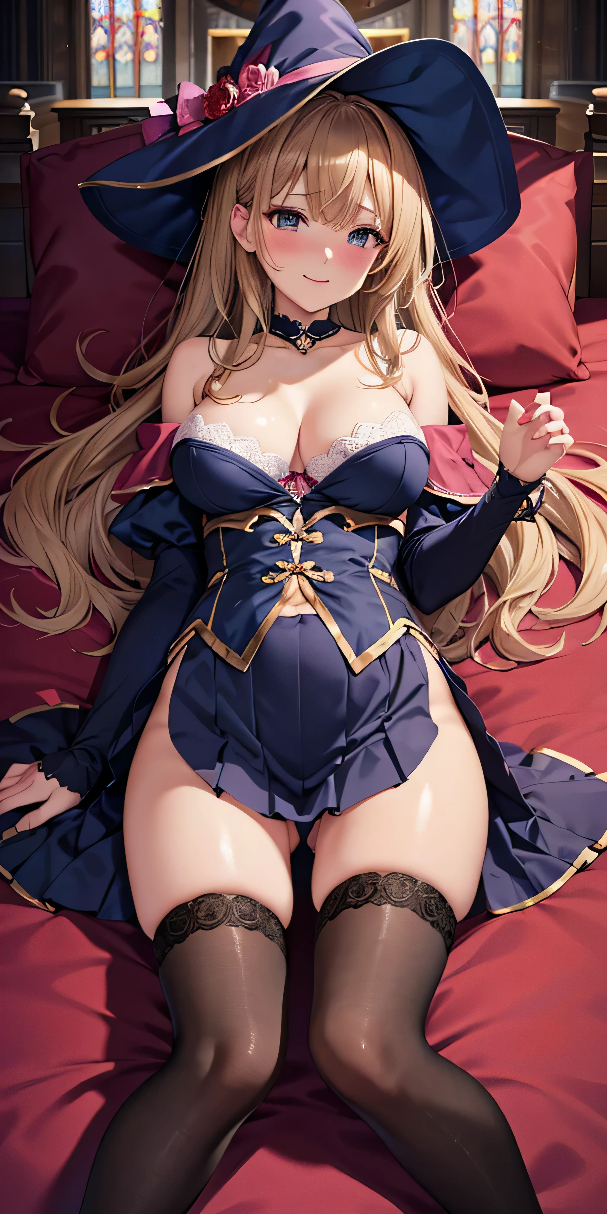 muste piece, highest quality, Highly detailed CG Unity 8k wallpaper, sexy witch , long dark blonde wavy hair、off shoulder knit, dark blue pleated skirt, stockings、medium breasts, saggy breasts, Pose that emphasizes the chest, blush, shy laugh, bare shoulders, (Pink lace panties、open your legs wide、Open knees)、、luxury magic wand and book、church bed、lying in bed、stick out your butt、You can see all the buttocks、Dark blue bra