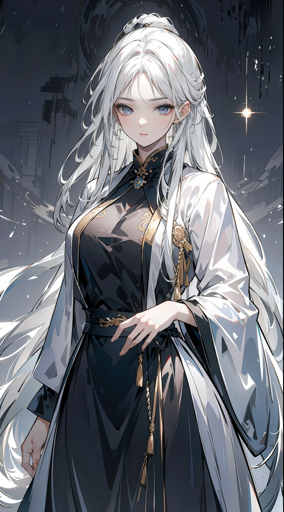 (photorealistic, high resolution, 1woman:1.1, solo, hips up, look at viewer, detailed face:1.1), white hair, long hair, Taoist robe, oversized clothes, jewelry, serene expression, soft lighting, subtle background details, ethereal atmosphere.