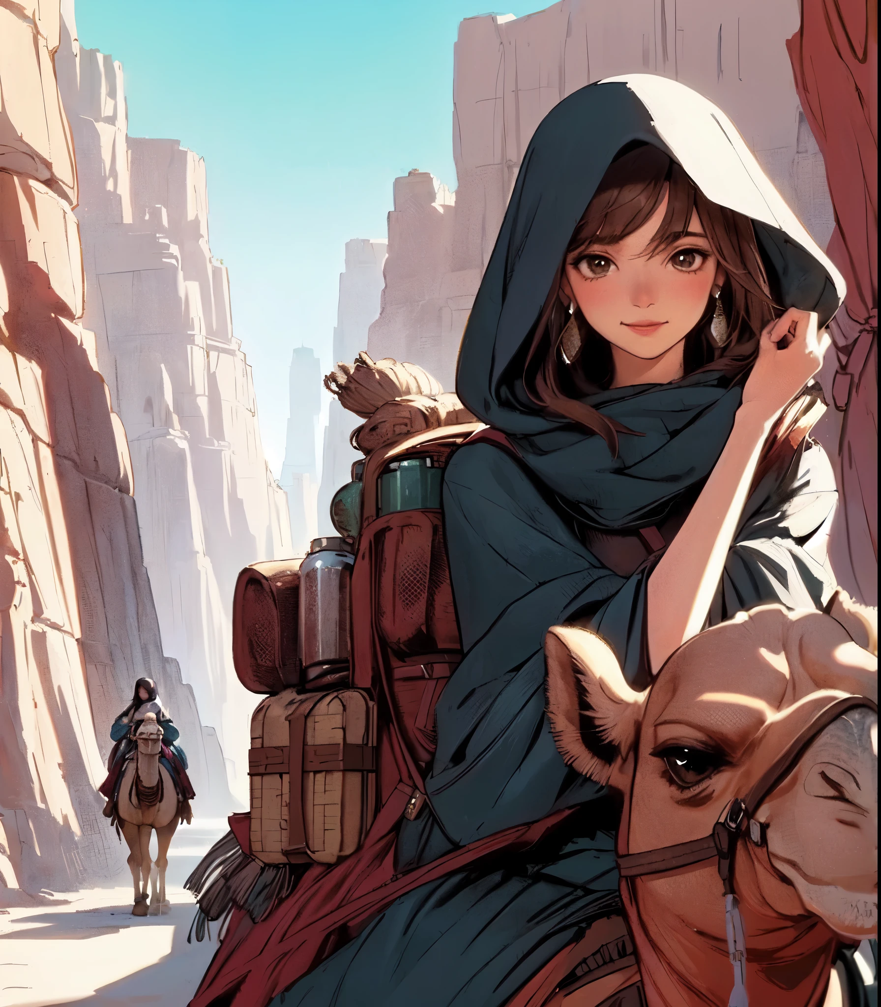 1lady solo, (riding a camel), (nomad:1.2) (stylish outfit), mature female, /(light brown hair/) bangs, light smile, (masterpiece best quality:1.2) delicate illustration ultra-detailed, large breasts BREAK (realistic camel) walking slowly, (large backpack with souvenirREAK (desert canyon:1.2) outdoors, (high cliff:1.2) shadow