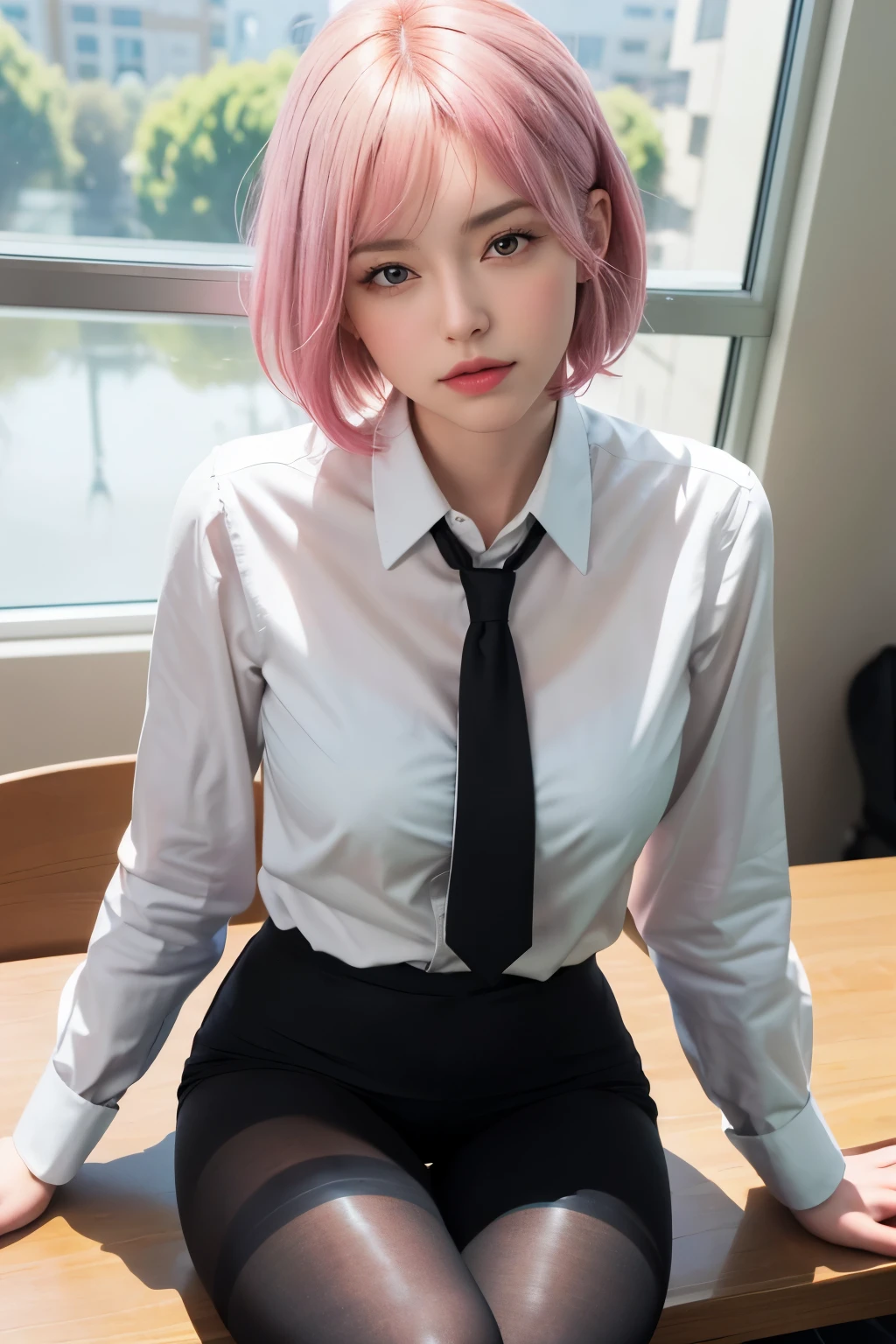 (8K, top-quality, masterpiece:1,2), (reallistic, Photorealsitic:1.37), Super Detail, One girl,), (Highly detailed), (beautifully detailed eyes), (of the highest quality), (super detailed ), (masterpiece), (Detailed face),20yr old, ,1 girl, full body, pink hair,Very short hair, medium breasts, clothed, Perfect Lighting, looking at viewer, aroused face, naughty face, ((office lady, black tights, split seat))