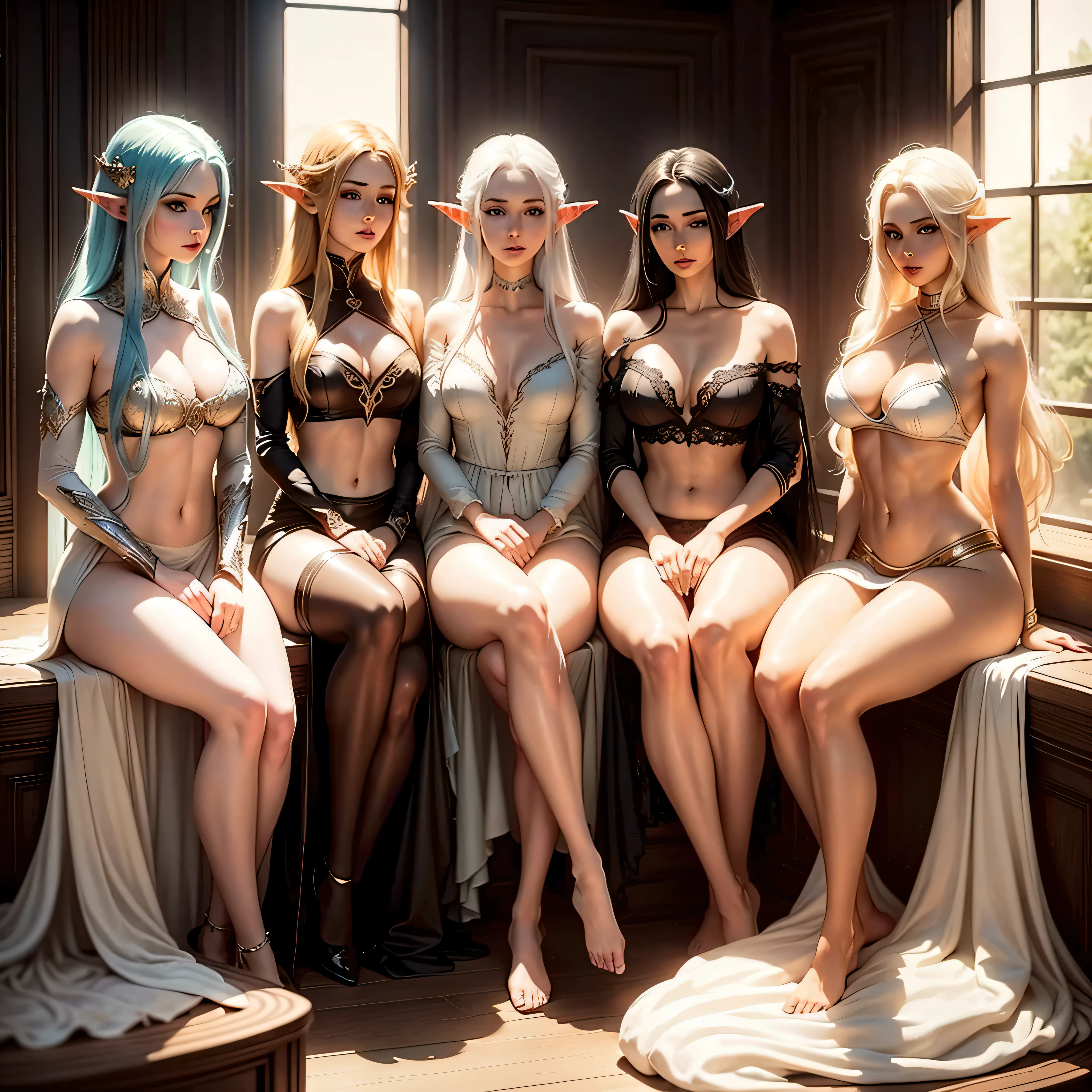 5 beautiful elven women, different hair colors, sitting in a room, scantily clad, silken dresses, attractive midriff showing, bare thighs, soft skin, gorgeous eyes, different hairstyles, pale skin