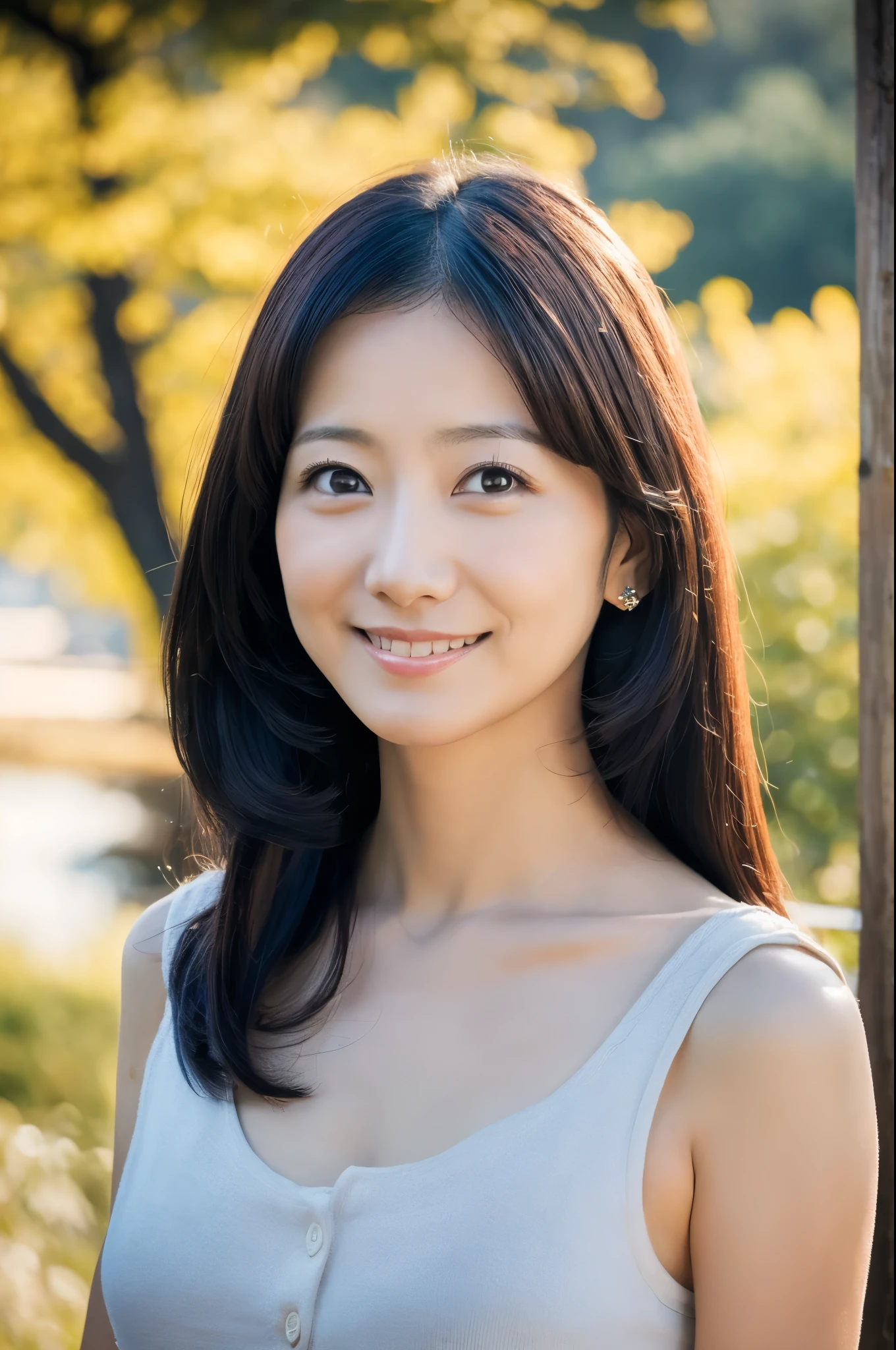 portrait, 8K, high quality, realistic photo image, 39 years old, Japan woman, neat and clean wife, small, housewife, reproduce natural and realistic eyes, Japan person stand, small, beautiful black hair, light makeup, octane rendering, beautiful lighting, golden ratio composition, smile, everyday wear, casual clothes, natural background, blurred background, 4k, high quality, realistic photo image, Japan woman, 37 years old, pure Japan face, lovely wife, upper body, small breasts, light makeup, suppin, neat beauty, mature woman, sober clothes, gray, beige, blue, sober, casual attire, smile, black hair, small black eyes, background blur