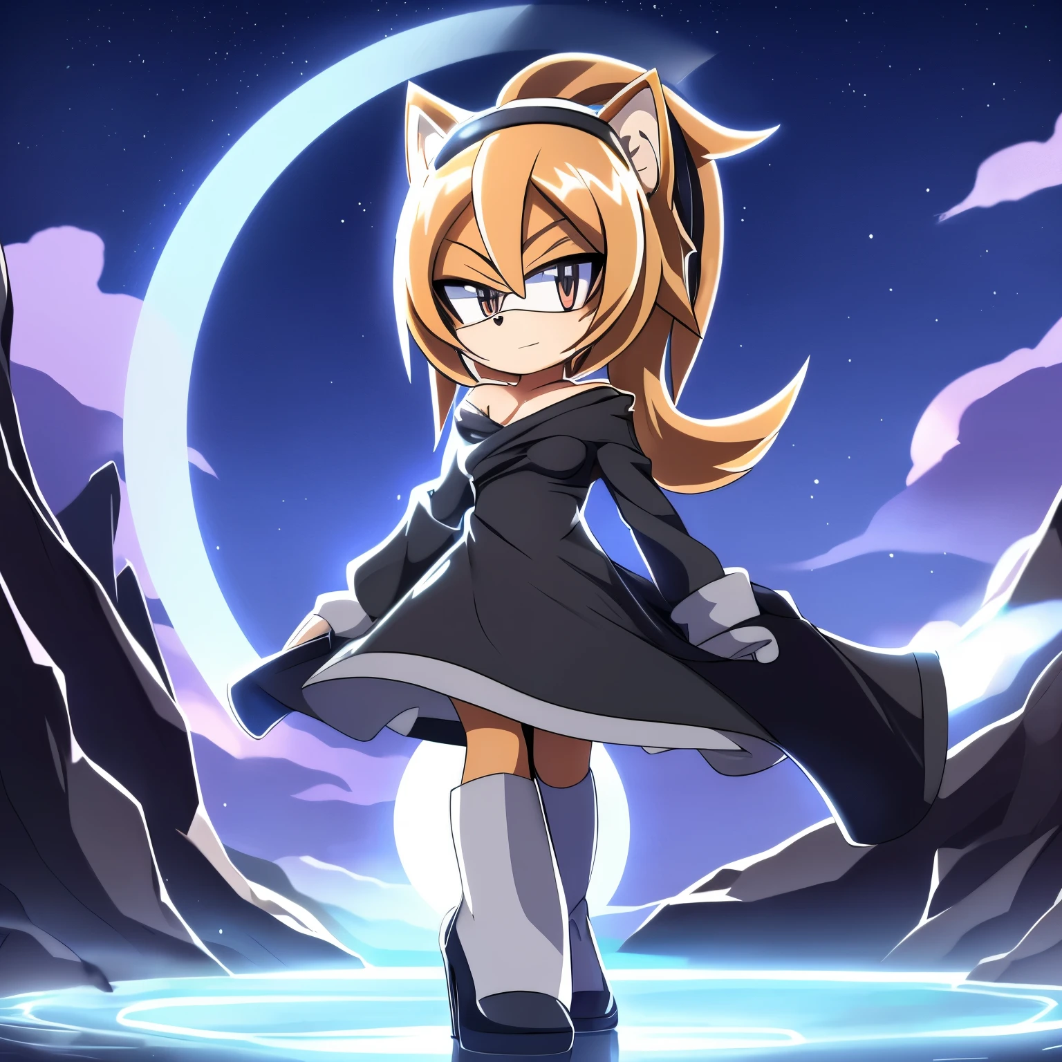 Female, Mobian, Hedgehog, dark brown fur, princess Rosalina hairstyle, dark brown hair, medium sized breasts, (((black shoulder-less dress))), (black dress cuts off at the top of her chest with gray trim), (light gray trim around top of dress), ((long sleeves with large open ends)), light gray trim around bottom of dress, black high heels, night sky background, good lighting, standing with crossed legs, looking at viewer, (((2D Anime Style)))