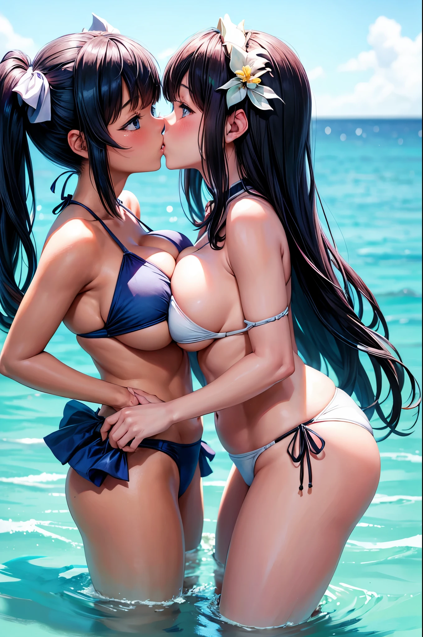 2 girls with giant boobs kiss, the first looks like Kitagawa and the other like Hestia, they have bikinis