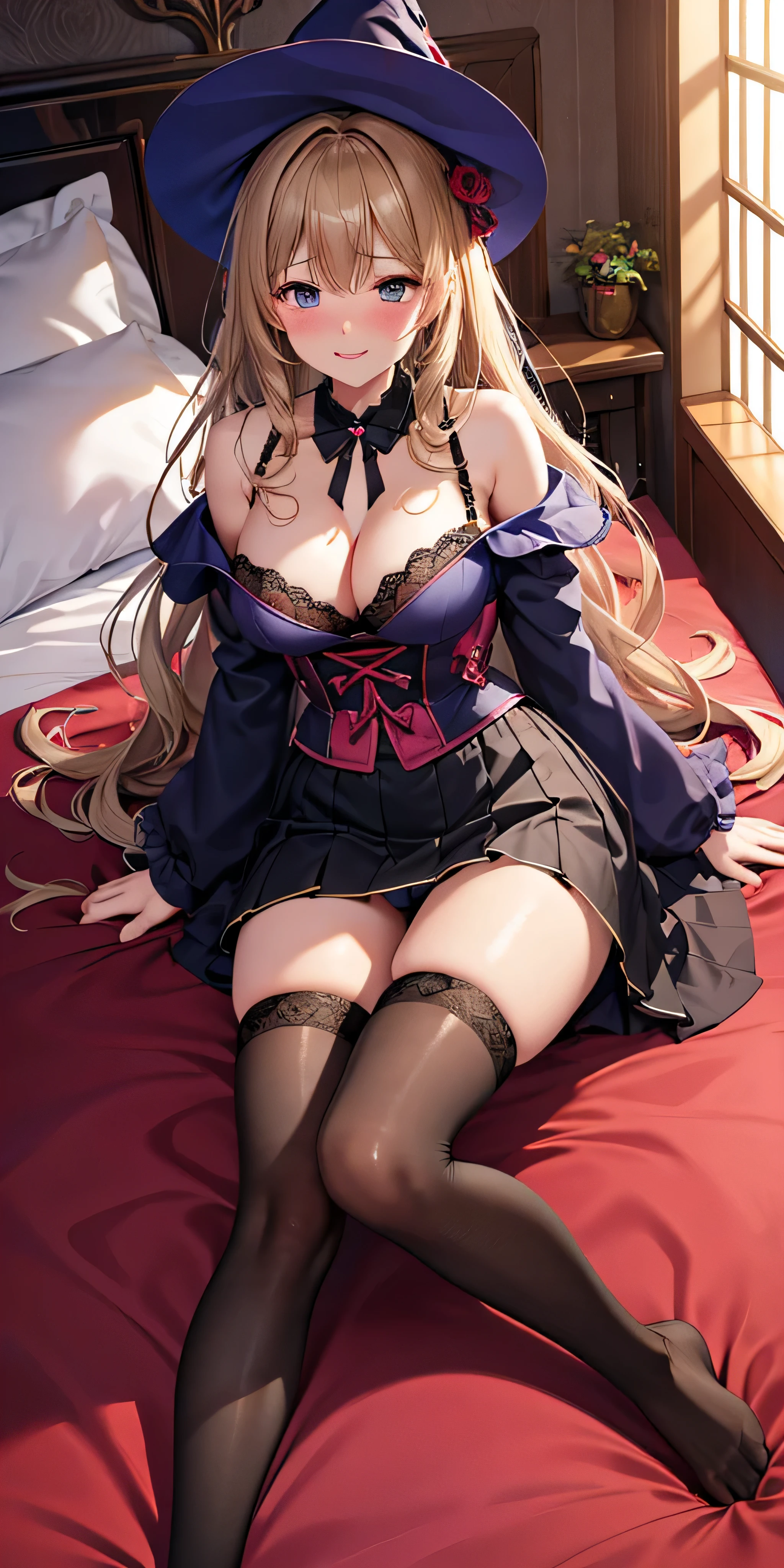 muste piece, highest quality, Highly detailed CG Unity 8k wallpaper, sexy witch , long dark blonde wavy hair、off shoulder knit, dark blue pleated skirt, stockings、medium breasts, saggy breasts, Pose that emphasizes the chest, blush, shy laugh, bare shoulders, (Pink lace panties、open your legs wide、Open knees)、、luxury magic wand and book、church bed、lying in bed、stick out your butt、You can see all the buttocks、Red and black bra