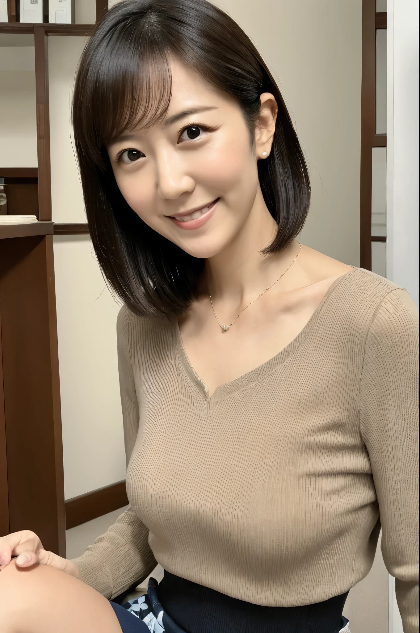 portrait, 8K, high quality, realistic photo image, 39 years old, Japan woman, neat and clean wife, small, housewife, reproduce natural and realistic eyes, Japan person stand, small, beautiful black hair, light makeup, octane rendering, beautiful lighting, golden ratio composition, smile, everyday wear, casual clothes, natural background, blurred background, 4k, high quality, realistic photo image, Japan woman, 37 years old, pure Japan face, lovely wife, upper body, small breasts, light makeup, suppin, neat beauty, mature woman, sober clothes, gray, beige, blue, sober, casual attire, smile, black hair, small black eyes, background blur