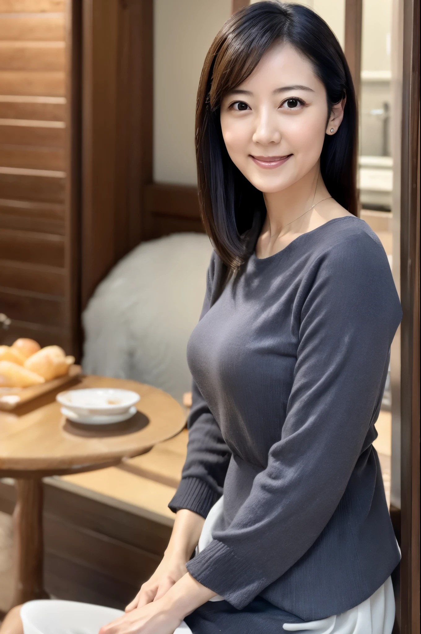 portrait, 8K, high quality, realistic photo image, 39 years old, Japan woman, neat and clean wife, small, housewife, reproduce natural and realistic eyes, Japan person stand, small, beautiful black hair, light makeup, octane rendering, beautiful lighting, golden ratio composition, smile, everyday wear, casual clothes, natural background, blurred background, 4k, high quality, realistic photo image, Japan woman, 37 years old, pure Japan face, lovely wife, upper body, small breasts, light makeup, suppin, neat beauty, mature woman, sober clothes, gray, beige, blue, sober, casual attire, smile, black hair, small black eyes, background blur