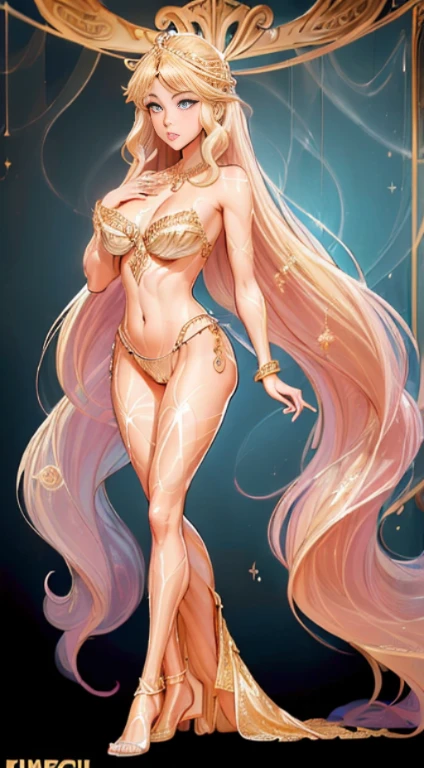 ((full body)), (((head to toe))), beautiful blushing slender Bride of gold with chignon blonde, symmetric face, against golden lief background, gold lace brassiere, loincloth, diamond necklace, diamond tiara, gold veil, (((American comic style with dark contours))), (((art by J. Scott Campbell)))