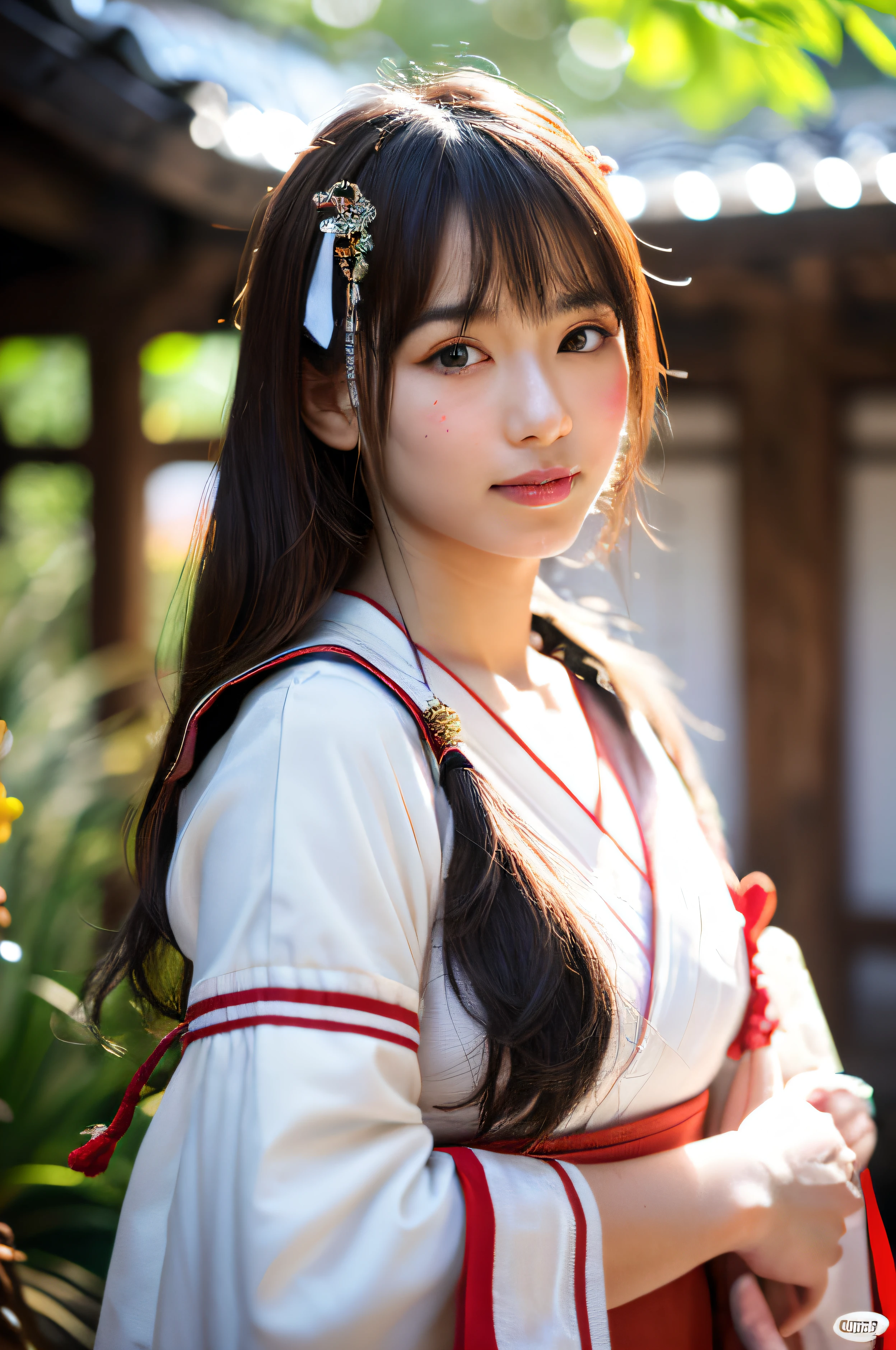 (highest quality,4K,8K,High resolution,muste piece:1.2),super detailed,(realistic,realistic,photoreal:1.37), japanese woman, shrine, shrine maiden costume, pale and reddish, Portrait, Bright colors, soft lighting, Legacy settings