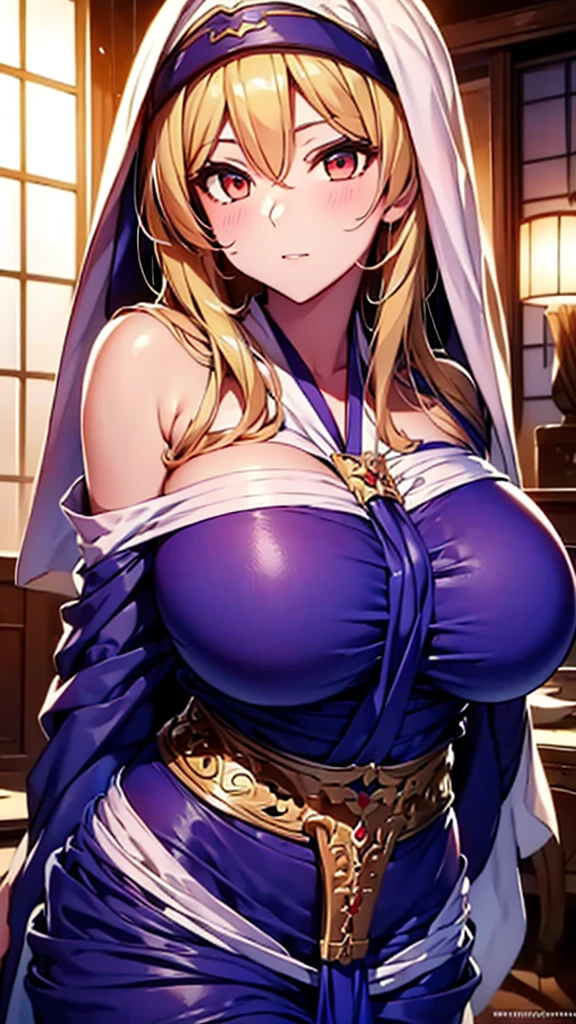 8K、quality、on the table、super high image quality、Super detailed、Super beautiful、Ultra-realistic hair textures、anime illustration、Surreal sensibility、whole body esbian、charming appearance、shave 、Japanese off-shoulder blue yukata、beautiful woman, red eyes、skin glowing、very huge、Japanese red lace、skin glowing 、clean skin、Japanese style room with daytime background, Big breasts 1.5,blush,