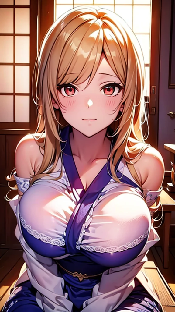 8K、quality、on the table、super high image quality、Super detailed、Super beautiful、Ultra-realistic hair textures、anime illustration、Surreal sensibility、whole body esbian、charming appearance、shave 、Japanese off-shoulder blue yukata、beautiful woman, red eyes、skin glowing、very huge、Japanese red lace、skin glowing 、clean skin、Japanese style room with daytime background, Big breasts 1.5,blush,
