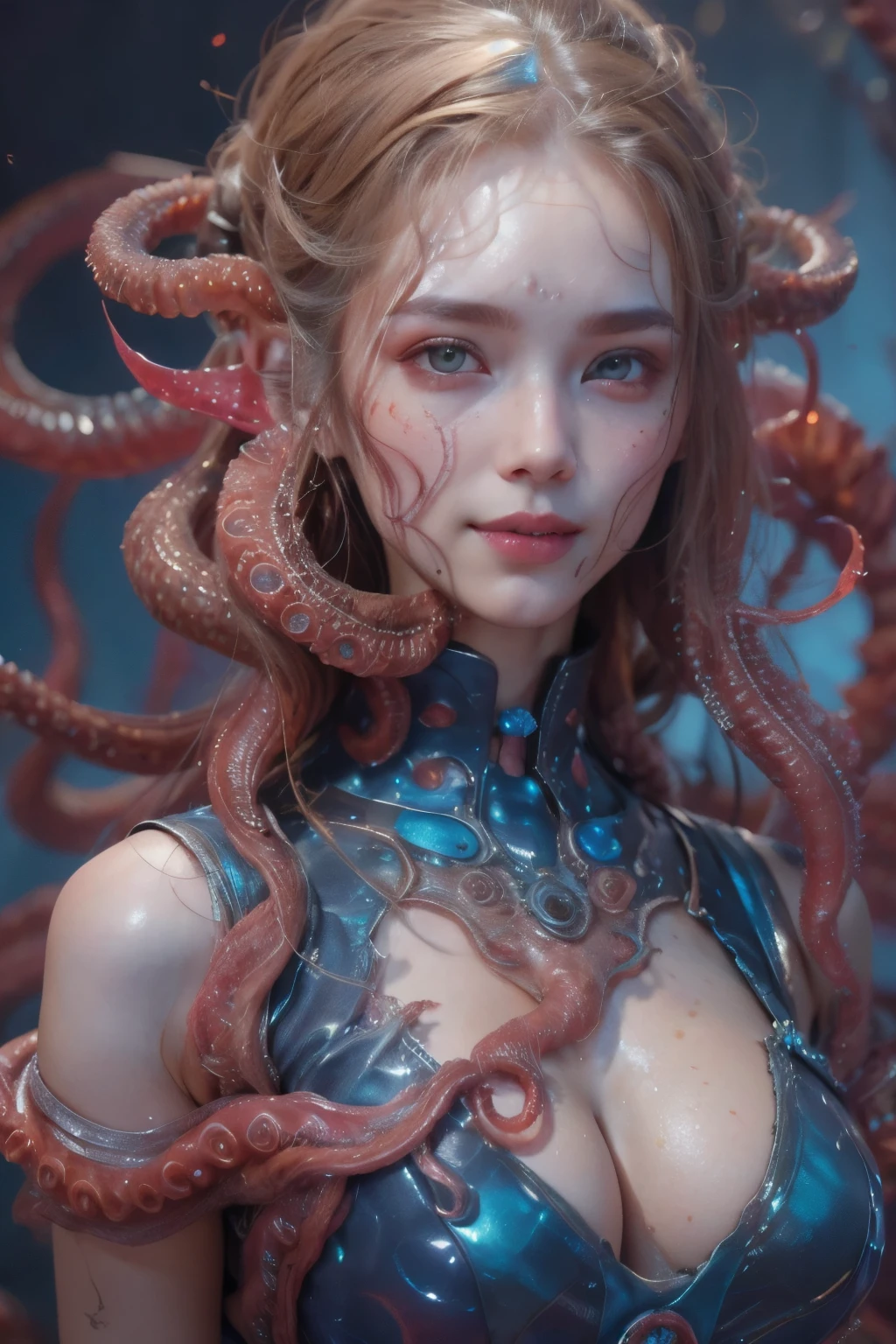 Portrait, (beautiful female alien:1.2), (she has red eyes with no pupils:1.8), (Translucent skin:1.7), (There is a female genital-like organ in the middle of the forehead..:1.9), (The most beautiful face in the history of the universe:1.2),an evil gaze that seduces, (large mouth:1.1), (sharp teeth like a vampire:1.2), Full body portrait, (bio luminescent:1.5), (Smile wickedly:1.3), (sexypose:1.5), alien, No humans, cells are fused, (Lots of translucent tentacles:1.3) extraterrestrial, cell, bio image, best quality, 8K,In 4K_quality, High freshness, Dramatic Lighting, masutepiece:1.5,cinematic quality, detail up, (exquisite details:1.2), high resolution, High freshness, drawing faithfully, (Thick eyebrows:1.2), Beautiful eyes with fine symmetry,(Highly detailed face and eyes:1.2), Intimate face, (Super detailed skin quality feeling:1.4), perfect anatomy, (Beautiful toned body:1.5), (Moist skin:1.2), not wearing makeup, (dark circles:1.1), long canines, cinematic drawing of characters, ultra high quality model, cinematic quality, detail up, (exquisite details:1.2), high resolution, High freshness, drawing faithfully, official art, Unity 8K Wall , 8K Portrait, best quality, Very high resolution, ultra detailed artistic photography, midnight aura, unreal enginee 5, Ultra Sharp Focus, art by alberto seveso, ArtGerm, Roisch, intricate artwork, best quality, masutepiece, ultra high resolution, (photos realistic:1.4), ultra realistic realism, dream-like, nautilus, Creation of fantasy, Snail, Dream Snail, biopunk nautilus, Thrilling color schemes, ultra realistic realism, seductively smiling, Blue tentacles,