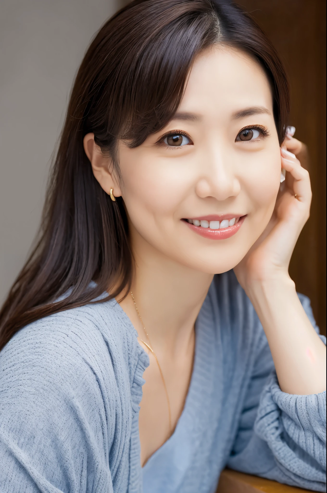 portrait, 8K, high quality, realistic photo image, 39 years old, Japan woman, neat and clean wife, small, housewife, reproduce natural and realistic eyes, Japan person stand, small, beautiful black hair, light makeup, octane rendering, beautiful lighting, golden ratio composition, smile, everyday wear, casual clothes, natural background, blurred background, 4k, high quality, realistic photo image, Japan woman, 37 years old, pure Japan face, lovely wife, upper body, small breasts, light makeup, suppin, neat beauty, mature woman, sober clothes, gray, beige, blue, sober, casual attire, smile, black hair, small black eyes, background blur