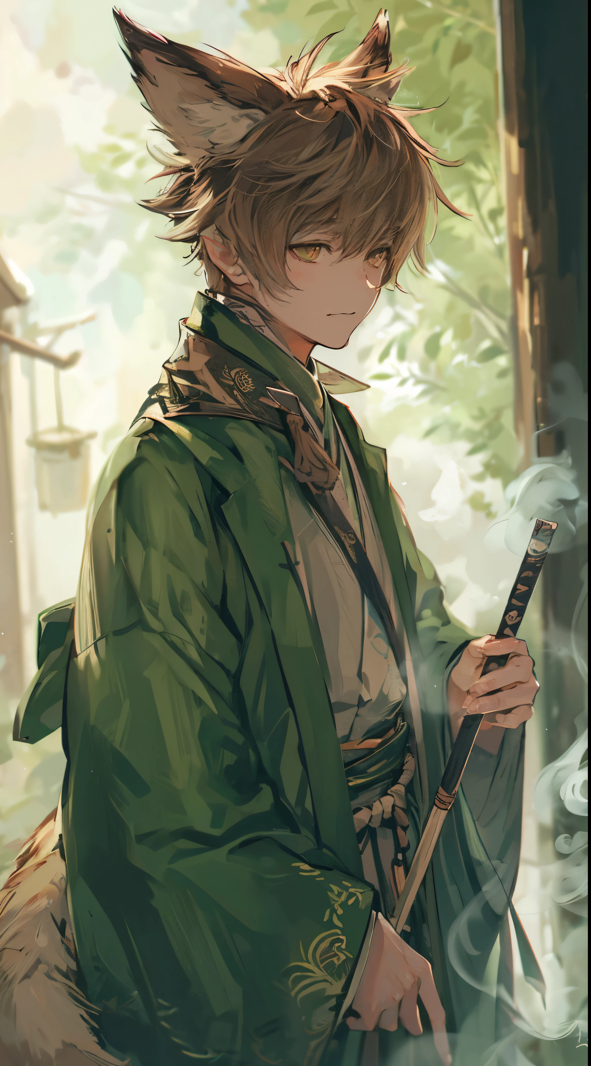 high quality, amount of drawing, pixiv illustration, Beautiful young man, brown hair, Tanuki ears, Raccoon tail, green clothes, Thrift, majutsu, Smoke effect, Cute impression, random pose, Random background, random angle