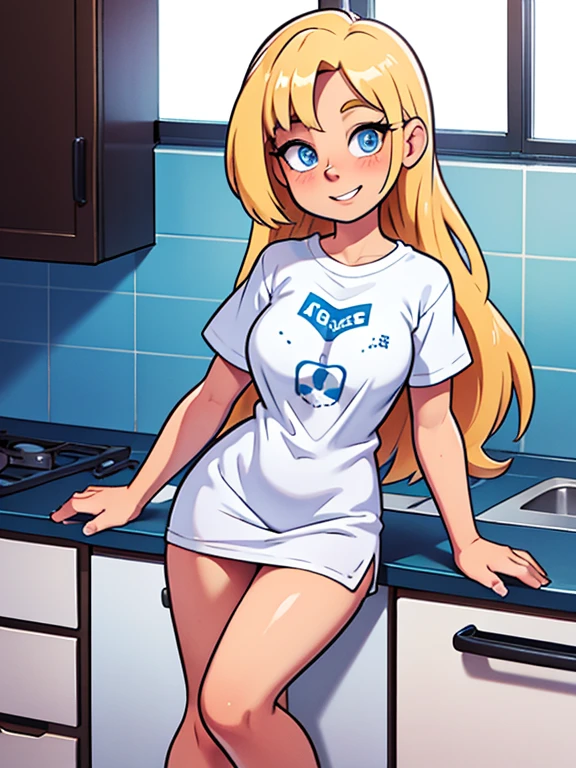 Very beautiful, sweet, energetic, cheerful, slender, spectacular, sexy, blue-eyed, long-legged smiling blonde 17 years old, with long lush shiny hair, with extra large elastic breasts, hidden exhibitionist, in long t-shirt in the kitchen of the female student dormitory , full-length, maximum possible detail, absolute photorealism