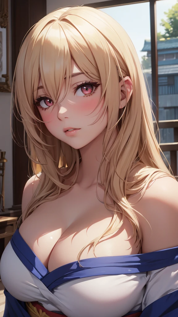 8K、quality、on the table、super high image quality、Super detailed、Super beautiful、Ultra-realistic hair textures、anime illustration、Surreal sensibility、whole body esbian、charming appearance、shave 、Japanese off-shoulder blue yukata、beautiful woman, red eyes、skin glowing、very huge、Japanese red lace、skin glowing 、clean skin、Japanese style room with daytime background, Big breasts 1.5，blush，