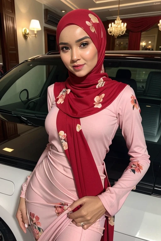 Malay girl in hijab, 30 years old , slim body abs, tall , ((large breast:1.0)), beautiful lady, Nikon Z 85mm, ((best quality)) ((masterpiece)), intricate detail, ((almost )), sharp focus, professional, realistic, real life, hyperreal, photorealistic, fine detail, best quality, very Detailed CG unity 8k wallpaper, perfect artwork, Full body, glowing eyes, realistic, perfect female hourglass figure, thin waist, wide buttocks, looking at viewer, extremely delicate and beautiful, best quality, beautiful detail girl, beautiful eye detail, face lighting, film lighting, perspective, revealing buttocks, perfect collarbone, realistic facial expression, (exquisite detail, makeup, (exquisite beautiful exquisite face, delicate and beautiful eyes, a face with perfect proportions, high-detailed skin,((wearing tight pastel red floral malay gamis with plain hijab)),  diamond necklace, ((sexy clothes), ((torn clothes)), luxury hotel