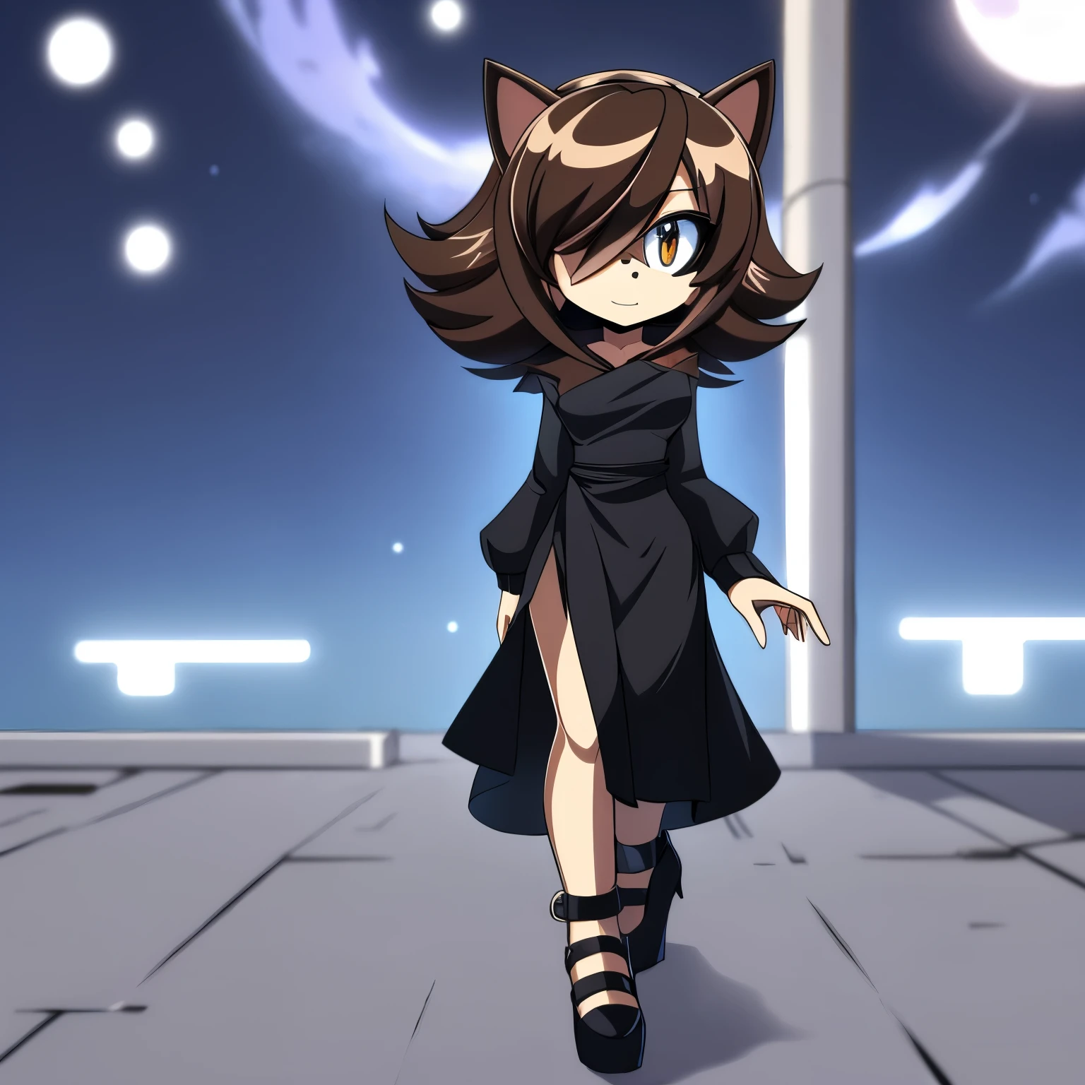 Female, Mobian, Hedgehog, dark brown fur, princess Rosalina hairstyle, dark brown hair, ((large hair bang over one eye)), average sized breasts, (((black shoulder-less dress))), (black dress cuts off at the top of her chest with gray trim), (light gray trim around top of dress), ((long sleeves with large open ends)), light gray trim around bottom of dress, black high heels, night sky background, good lighting, standing with crossed legs, looking at viewer, (((2D Anime Style)))