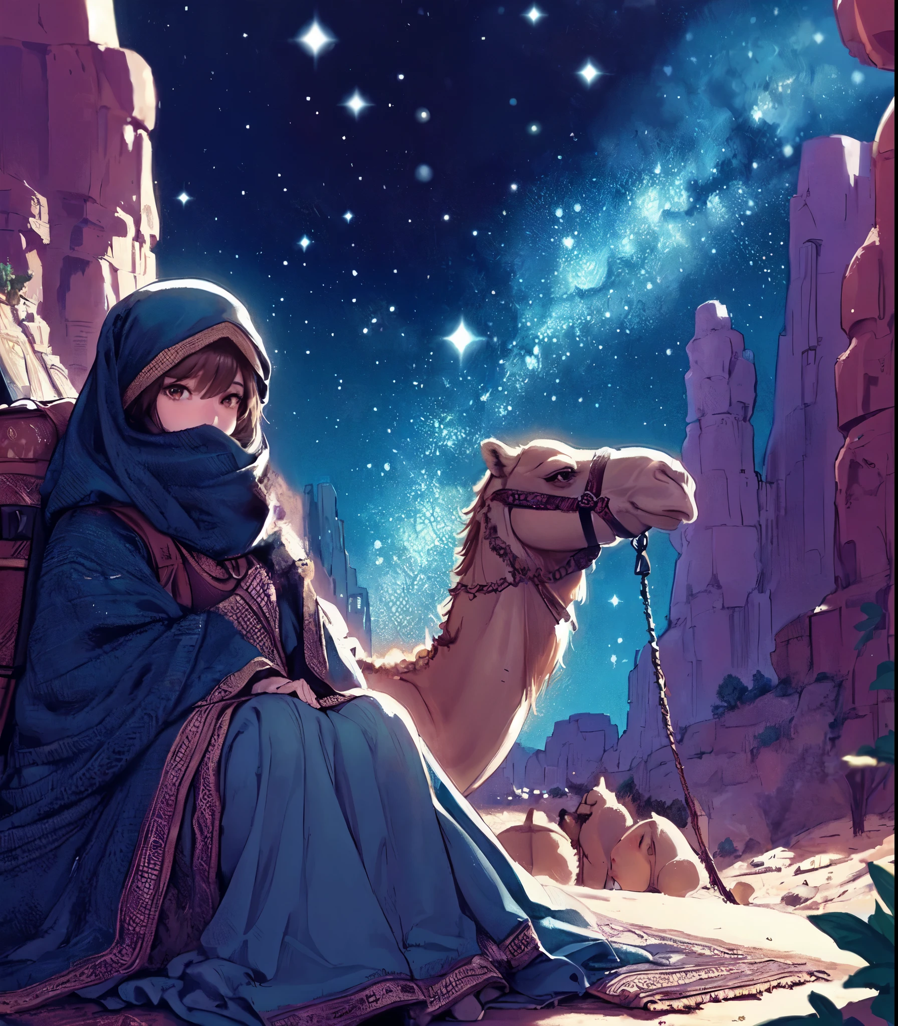 1lady solo, (resting with a camel), (nomad:1.2) (stylish outfit), (wrapped in blanket), mature female, /(light brown hair/) bangs, (masterpiece best quality:1.2) delicate illustration ultra-detailed, large breasts BREAK (realistic camel) sitting, squatting, (large backpack with souvenirREAK (desert canyon:1.2) outdoors, (high cliff:1.2), oasis, stars (night sky)