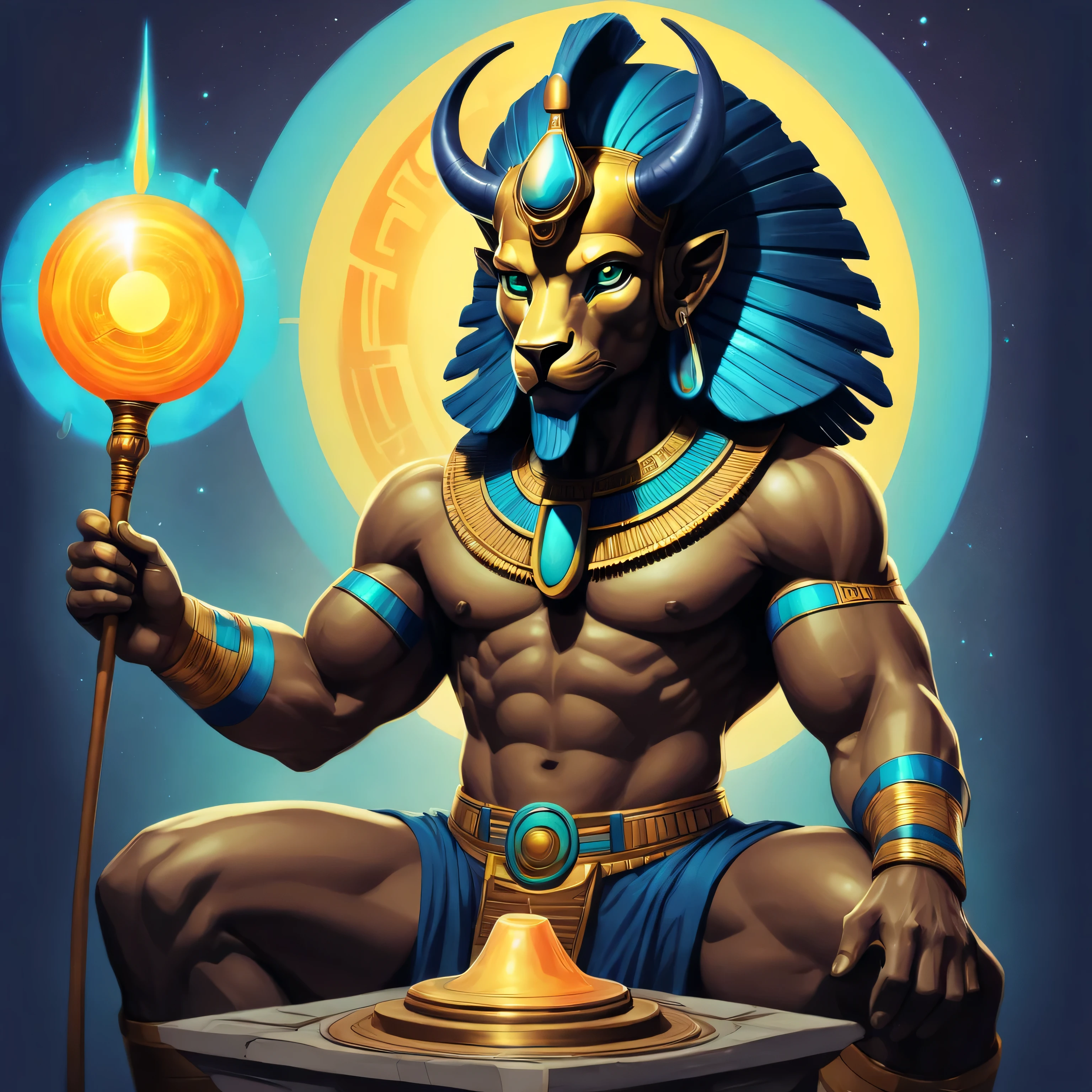 In this Pop Art inspired Digital Drawing/Painting, imagine a unique design of the Egyptian god Khnum, depicted in the style of Anime and Comic Book, with vibrant and luminous color palette and bioluminescent accents. In this interpretation, Khnum is shown as a demigod with a large, muscular, humanoid form. He holds a potter's wheel in one hand, and a palette of clay in the other, exuding a sense of creation. His head is adorned with the solar disk, as a symbol of his divine powers. His body shines with a bioluminescent aura, adding to the dynamic and visually striking composition.