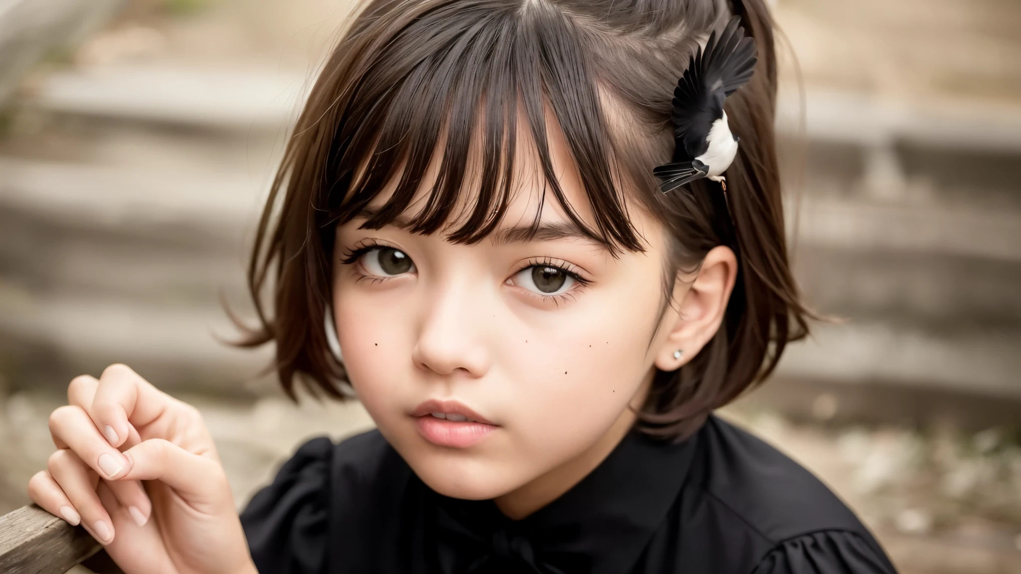 CHILD girl with a black bow and a black dress, com cabelo castanho escuro, meninaabelo castanho, fitas de cabelo preto, uma linda garota de idade, wearing hair bow, jovem girl, cabelos castanhos e olhos grandes, foto de meio comprimento, photo of jovem woman, jovem, beautiful girl, ela tem cerca de 1 6 anos de idade, There is a black bird sitting on a wooden rail, bico preto longo e grosso e brilhante, closeup of some corvos, cute corvos, corvos as a symbol of death, corvo, corvo bird, pega, corvo portrait!!!, black corvo, dark corvo, is looking at a bird, corvos, macho, corvo, bela foto, foto de retrato em close-up, orgulhoso olhando para longe, por Paul Bird