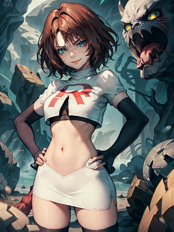 Yuna, brown hair, short hair, glossy lips, eye shadow ,team rocket uniform, red letter R, white skirt,white crop top,black thigh-high boots, black elbow gloves, evil smile, evil face ,looking at viewer, cowboy shot, hands on hips