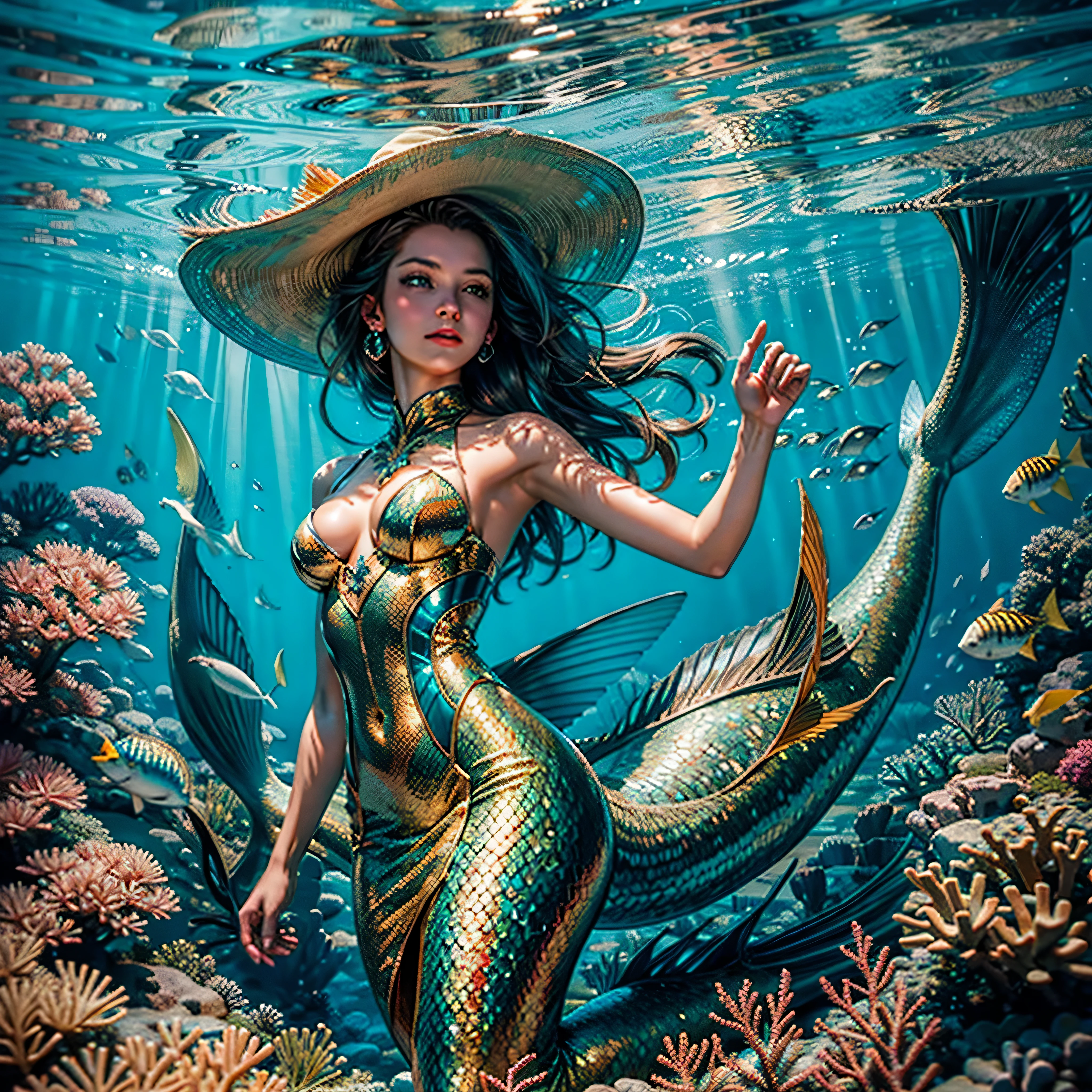 ultra Masterpiece underwater_Farm-Life, ultra best quality, ultra high res, 1girl Mermaid, underwater, Beneath the sea, where tendrils of coral fish and vines abound, a (mermaid) girl stares at you, Her eyes gleam with an eerie light Palace deep path equirectangular hyper_photo-realistic saturate meticulously intricate ultra optimal ultra_high-def ultra_high-quality accurate ultra_high-details ultra_high-res color-coded shading perfection reflex extreme improved Octane_rendered opengl-shaders glsl-shader UHD XT3 DSLR HDR symmetrical multi various etc. --s 1000 --c 20 --q 20 --chaos 100