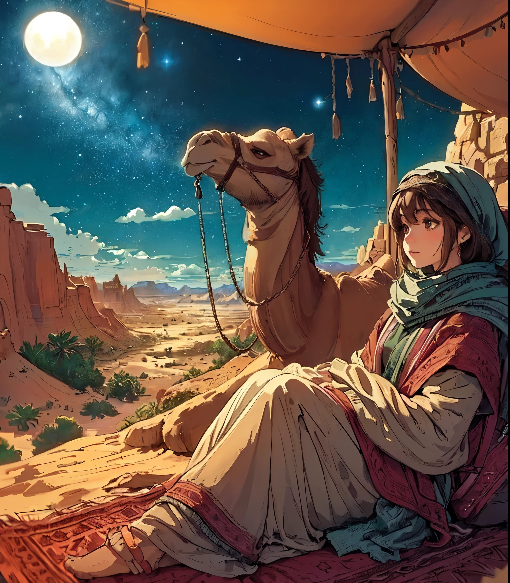 1lady solo, (resting with a camel), (looking up at the night sky), (nomad:1.2) (stylish outfit), (wrapped in blanket), mature female, /(brown hair/) bangs, (masterpiece best quality:1.2) delicate illustration ultra-detailed, large breasts BREAK (realistic camel) sitting, squatting, (large backpack with souvenirREAK (desert canyon:1.2) outdoors, (high cliff:1.2), oasis, stars (night sky)