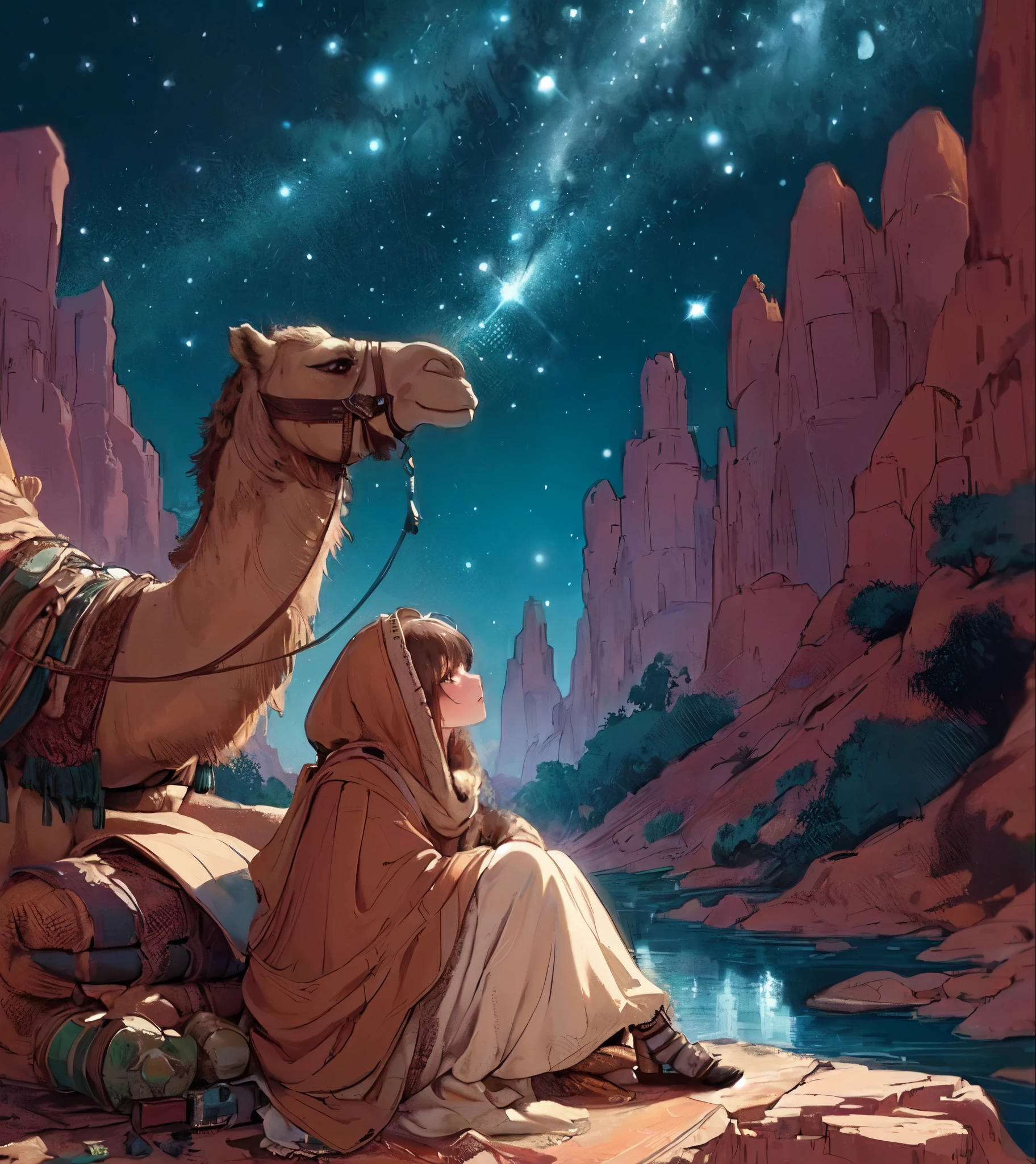 1lady solo, (resting with a camel), (looking up at the night sky), (nomad:1.2) (stylish outfit), (wrapped in blanket), mature female, /(brown hair/) bangs, (masterpiece best quality:1.2) delicate illustration ultra-detailed, large breasts BREAK (realistic camel) sitting, squatting, (large backpack with souvenirREAK (desert canyon:1.2) outdoors, (high cliff:1.2), oasis, stars (night sky)