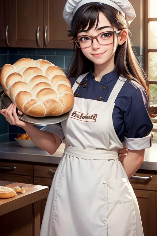 Beautiful girl, 16 years old, with facial hair, wearing glasses, smiling brightly, happily making bread, carrying a tray of bread into the oven, many kinds of bread in the tray, fragrant and delicious, (wearing a cute chef's uniform (wearing a chef's hat)), in the kitchen, anime, high quality