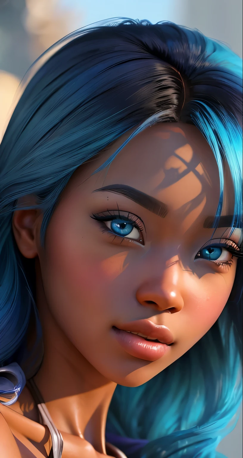 ebony woman, blue hair, Asian-inspired, solo, stripper, light blue hair, bright honey eyes, detailed face, 
([stunning|Flawless|Attractive|Attractive|gorgeous|pretty]:0.8), (puffy lips :0.9),
masterpiece, professional, high quality, beautiful, amazing, Easy on the eyes, 10 out of 10
photoshoot, 4k, realistic, detailed background, abhorrent, real life