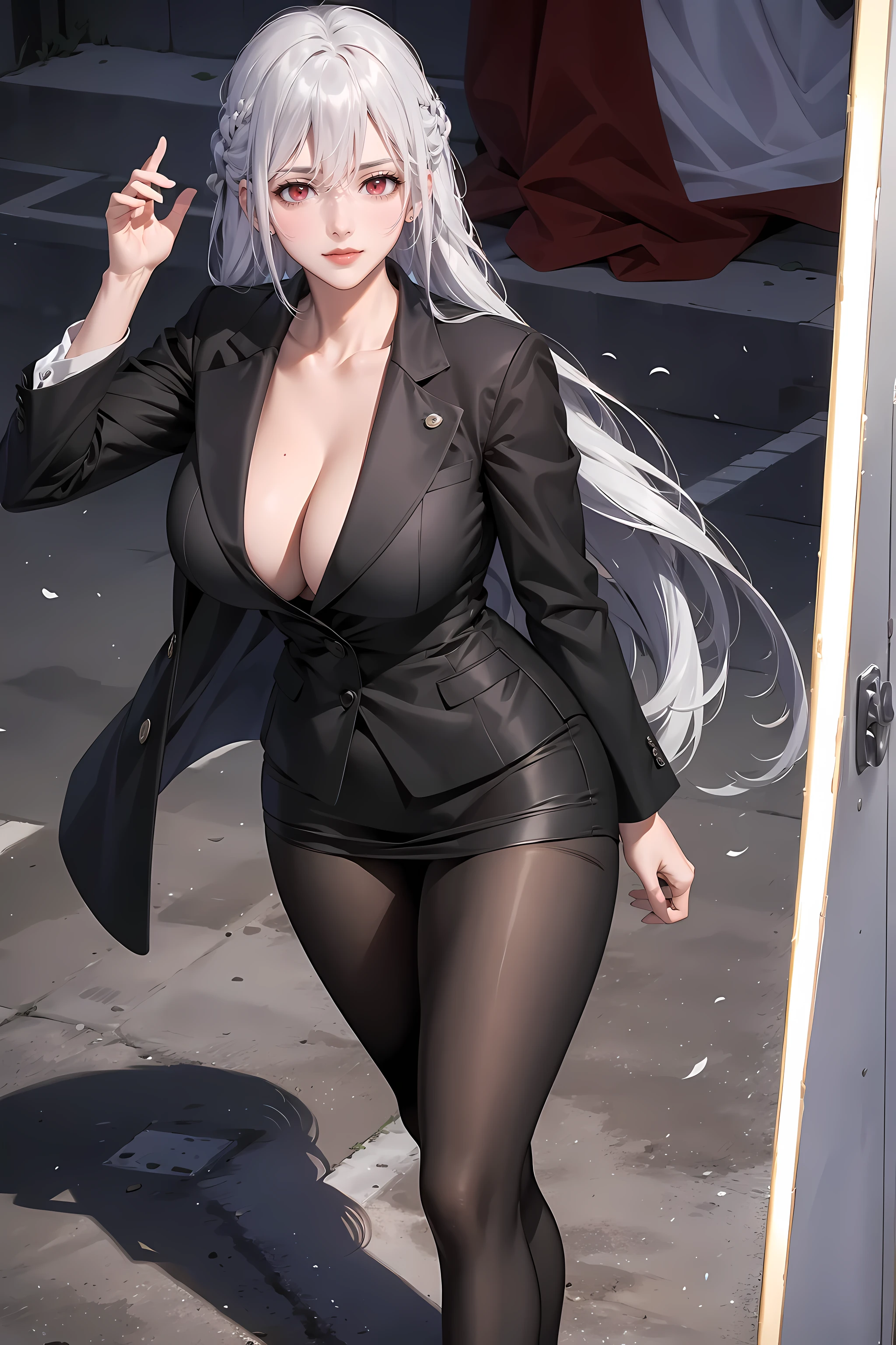 (best quality,4k,8k,highres,masterpiece:1.2),ultra-detailed,red lips,lipsticks,business woman's coat,black suit,deep red eyes,milf,long hair,silver hair,serious expression,handsome and confident,subtle smile,full body,big breasts,perfect breasts,白色公主衬衫