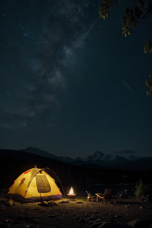 nighttime,dark, light, Sojourn,star,mountain, terrain, lagoon, 
vast landscape photography，（Looking from below，Above is the sky）， tent，ท้องฟ้าเต็มไปด้วยดวงstar，（full moon：1.2），（meteorite：0.9），（Star Cloud：1.3），mountainไกล, Tree breaking art，（warm light source：1.2），（glow worm：1.2），lamp lights，Lots of purple and orange.，complicated details，Volumetric illumination，Realism BREAK，องค์ประกอบธรรมชาติในcamping theme。วิวmountainลึกลับ，beautiful summer night sky，great outdoors，Delicate leaves and branches surrounded by fireflies.（natural elements），（camping theme），（glow worm），（particle effect）and other 3D， Octane rendering，Ray traching，Extremely meticulous