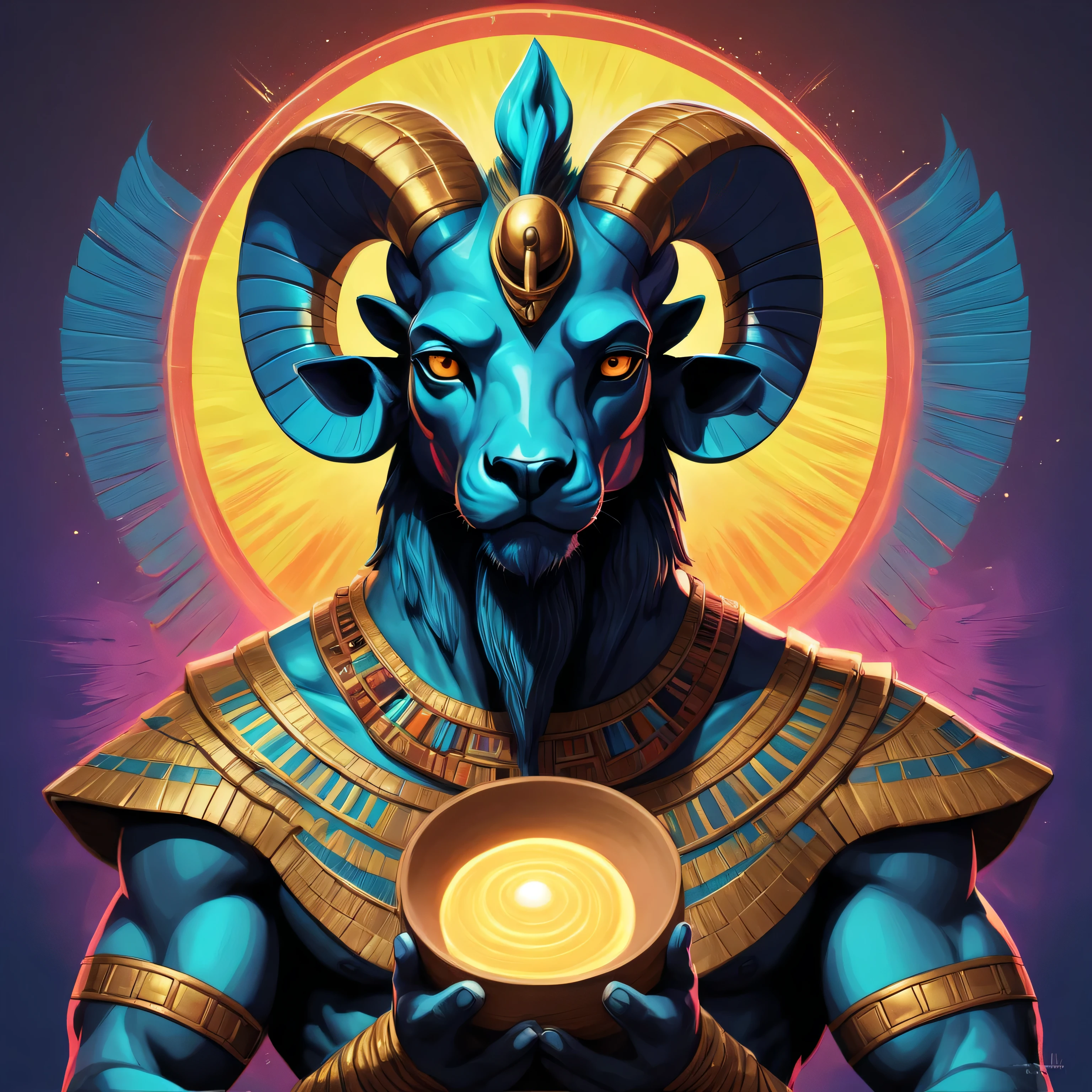 In this Pop Art inspired Digital Drawing/Painting, imagine a unique design of the Egyptian god Khnum with ram head, depicted in the style of Anime and Comic Book, with vibrant and luminous color palette and bioluminescent accents. In this interpretation, Khnum is shown as a demigod with a large, muscular, humanoid form. He holds a potter's wheel in one hand, and a palette of clay in the other, exuding a sense of creation. His head is adorned with the solar disk, as a symbol of his divine powers. His body shines with a bioluminescent aura, adding to the dynamic and visually striking composition.