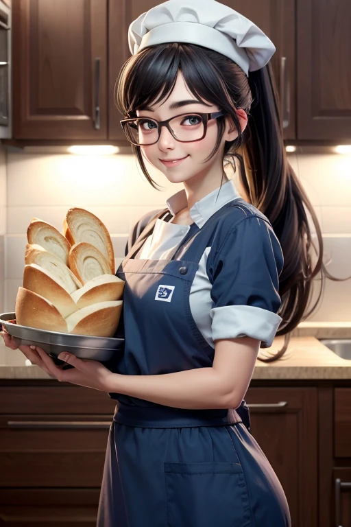 Beautiful girl, 16 years old, ponytail, facial hair, wearing glasses, smiling brightly, happily making bread, carrying a tray of bread into the oven, many kinds of bread in the tray, fragrant and delicious, (wearing cute chef (wearing a chef's hat)), in the kitchen, anime, high quality