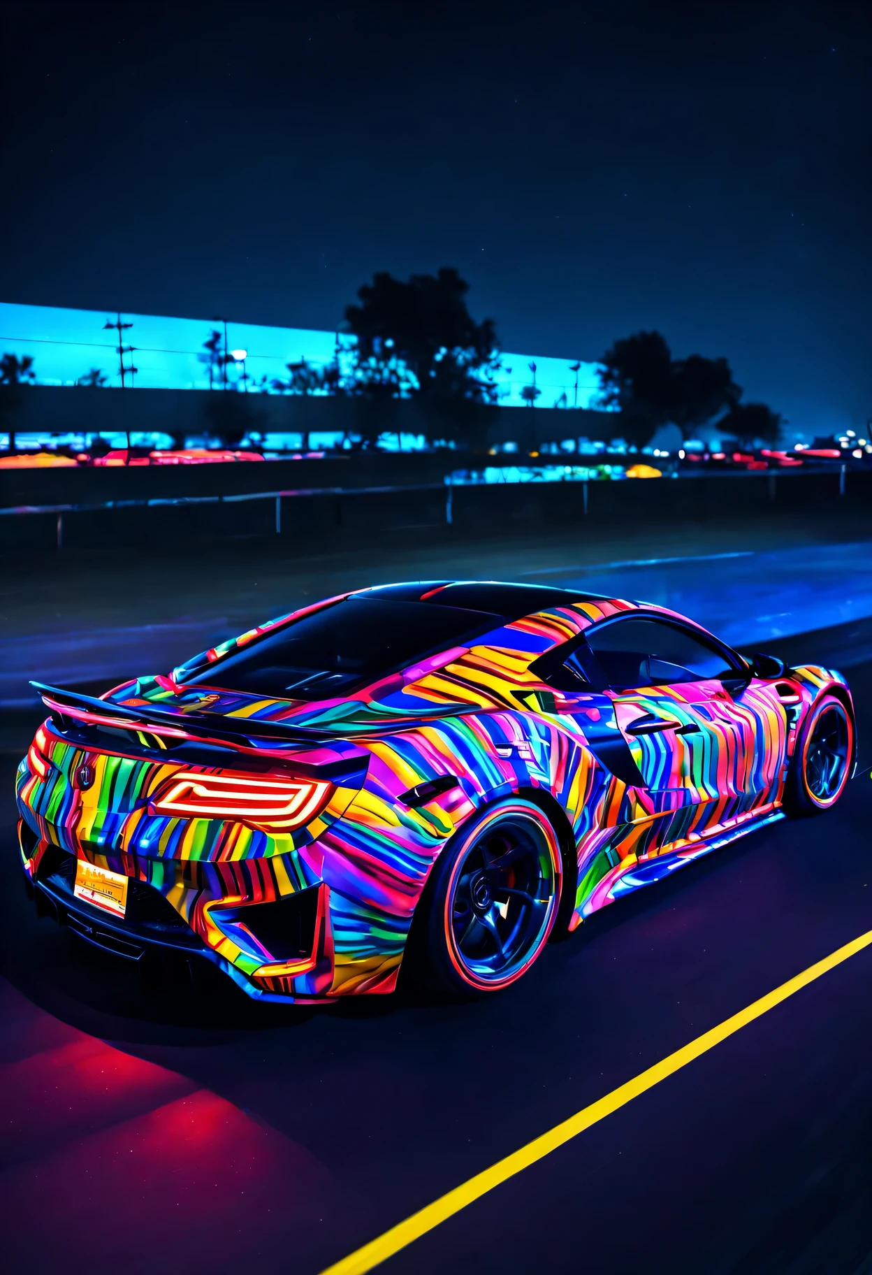 PENeonUV,  blacklight, neon, (((A photo realistic image of a Acura NSX))), ((Wide View)), (setting race track), ((wide shot)) , sharp, detailed car body , detailed tires, (masterpiece, best quality, ultra-detailed, 8K), race car, street racing-inspired, Drifting inspired, LED, ((Twin headlights)), (((Bright neon color racing stripes))), (Black racing wheels), Wheel spin showing motion, Show car in motion, Burnout,  wide body kit, modified car,  racing livery, masterpiece, best quality, realistic, ultra high res, (((depth of field))), (full dual color neon lights:1.2), (hard dual color lighting:1.4), (detailed background), (masterpiece:1.2), (ultra detailed), (best quality), intricate, comprehensive cinematic, magical photography, (gradients), glossy, Fast action style, Sideways drifting in to a turns, 
