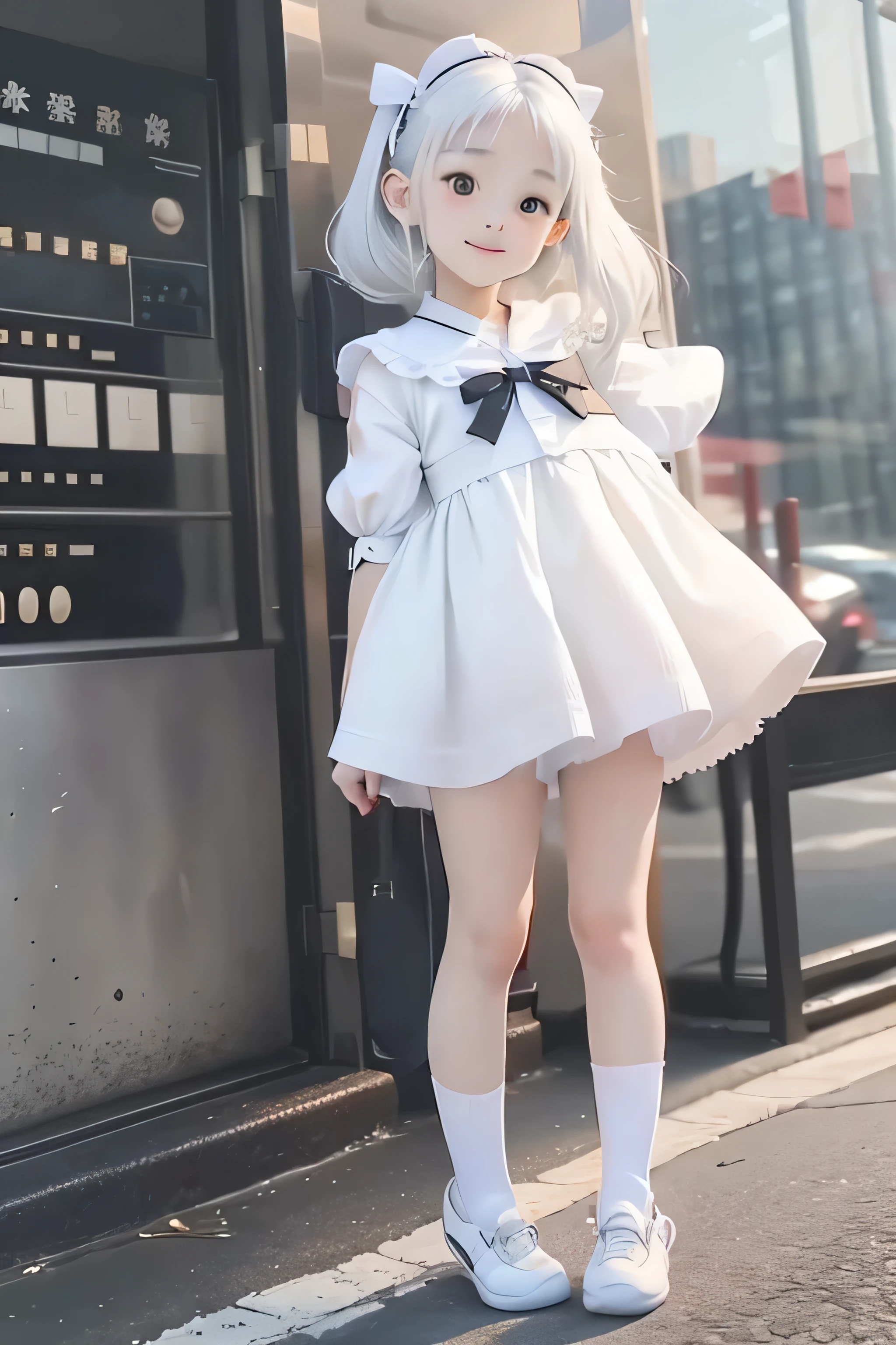 Super cute , classy girl, Lively girl, ((14岁)), (fooear), The little girl sn the ground, from head to foot, correct anatomy, ((White knee-length socks)), , Gorgeous white princess costume, ((White princess shoes)), Young face, ((An imperceptible smile)), small face, The clouds drift gently, Extremely detailed 3D animations, Surreal, Super details, Luxury cinema lighting, octave light, jewelry, bell, white hair ribbon,