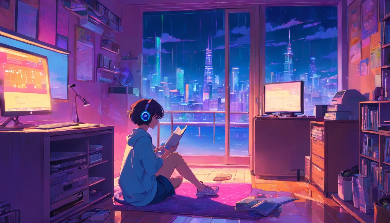 (zero), Girl studying in her room, reading a book, Wear headphones, , night lights, Neon landscape on a rainy day,Analog Color Theme, Lo-Fi Hip Hop , retrospective, flat, 2.5D ,Draw a line, Ink Drawing, Large slope, Watercolor painting, Goosch Colors, Studio Ghibli Style, Awesome colorful, Outer Ton, Synthwave, lofi art,90s style,Old texture, amplitude,90s vibe, masutepiece, Tremendous technology, 16:9 scale